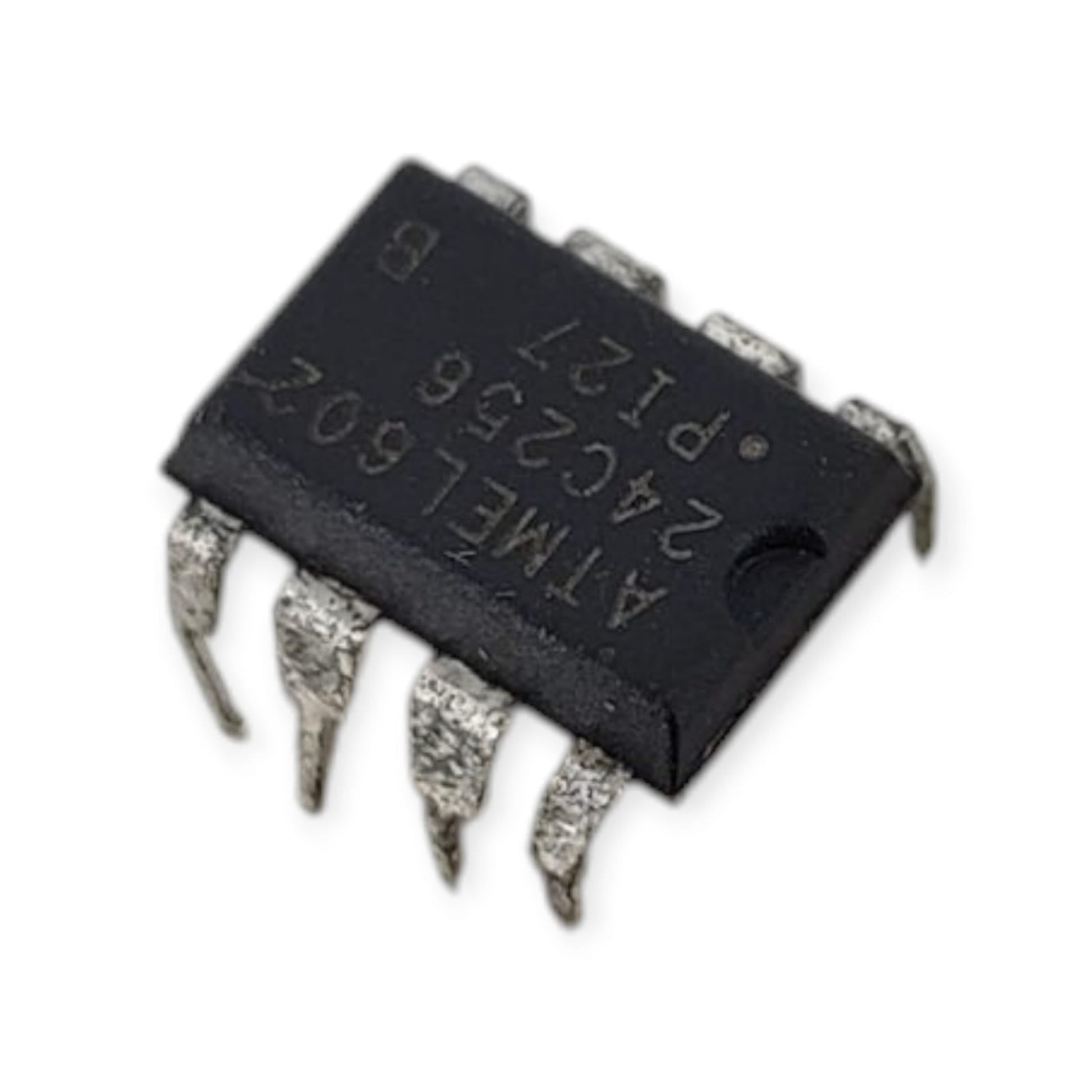 Top view of the Atmel AT24C256 256Kbit $I^2C$ EEPROM memory chip in an 8-pin DIP package.