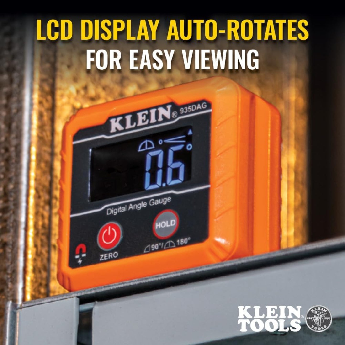 Klein Tools angle gauge mounted upside down showing auto-rotated display for easy reading.