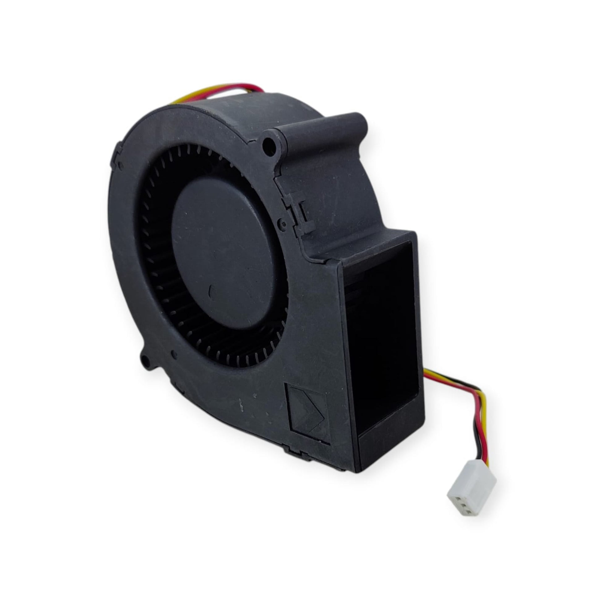 Side profile view of the AVC BA10033B12M blower fan, showing the square exhaust port and 3-pin connector.