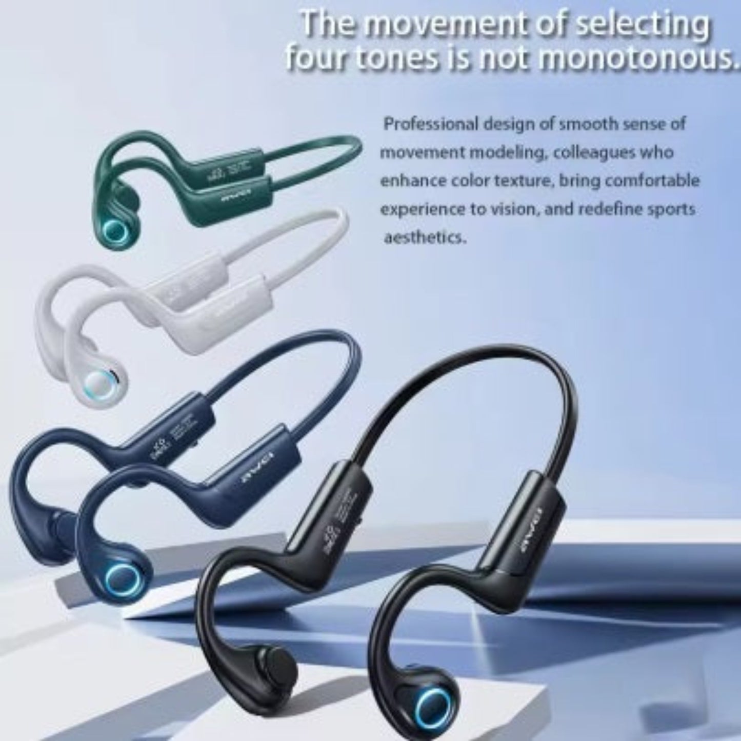 Four color variations of Awei A886 Pro sports headphones including black, blue, green, and white.