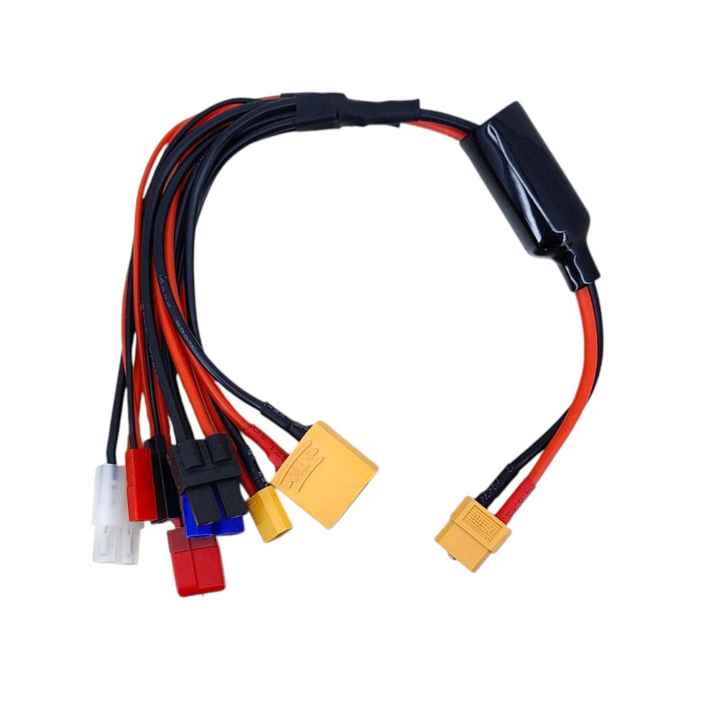 A top-down view of the 8-in-1 RC multi-charger cable showing all 8 output connectors, including XT60, Deans, and JST.