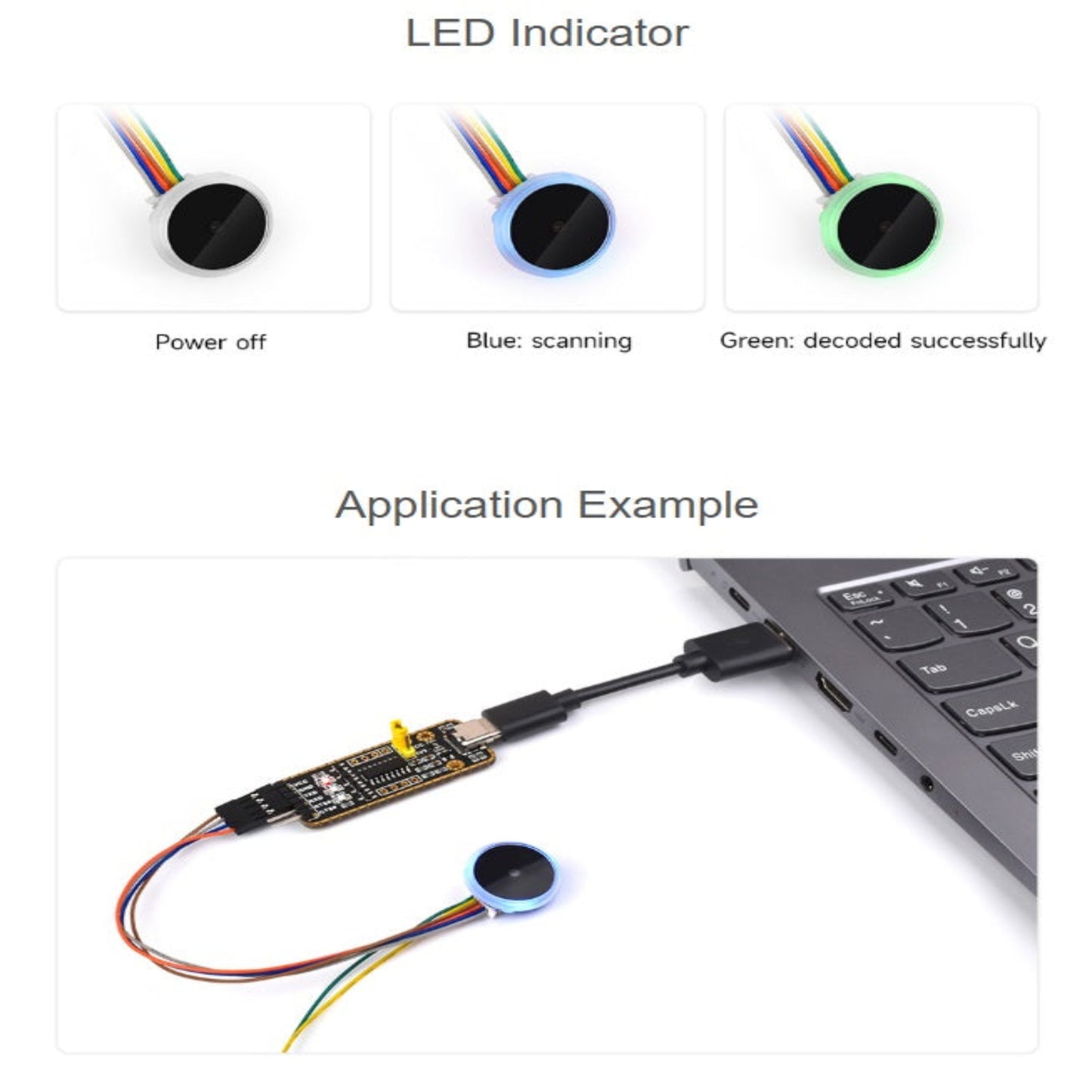 LED indicator status: Blue for scanning and Green for successful decoding.