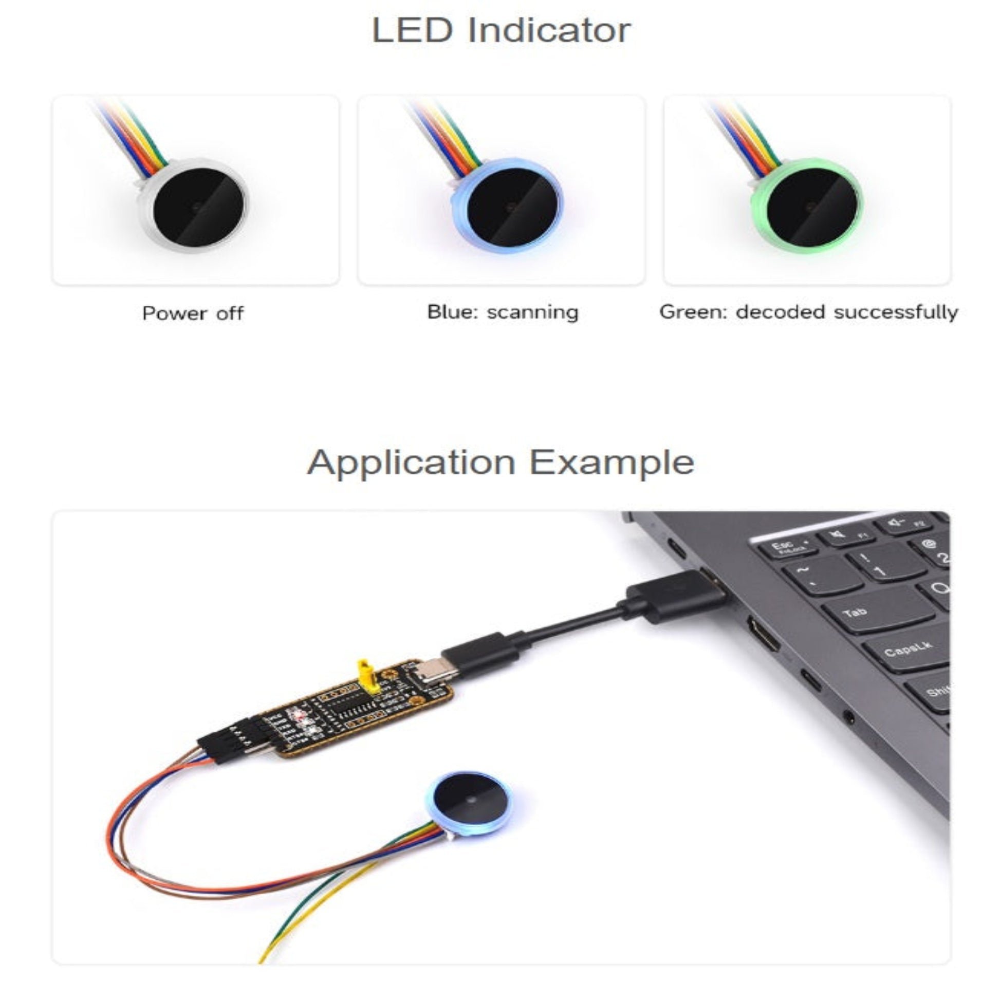 LED indicator status: Blue for scanning and Green for successful decoding.