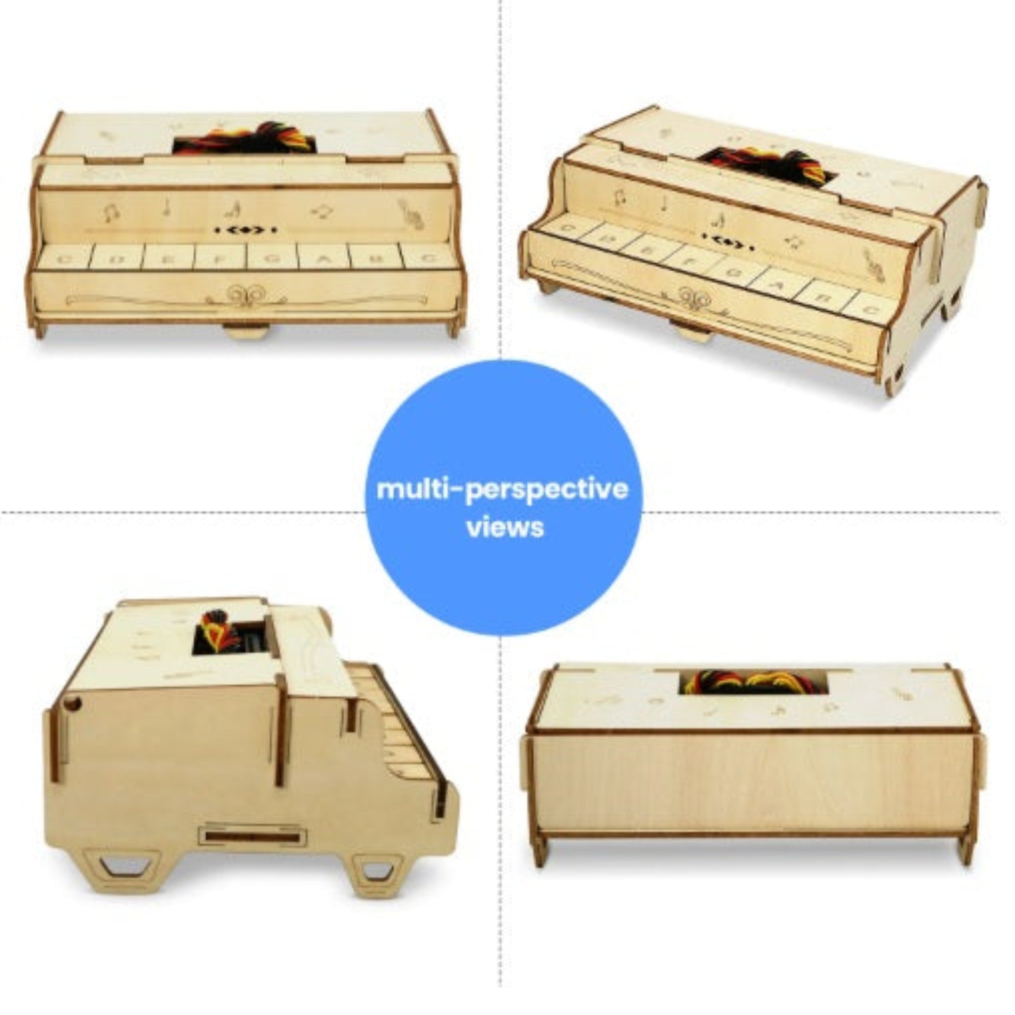 Multi-perspective views of the assembled Keyestudio KS0801 basswood piano kit.