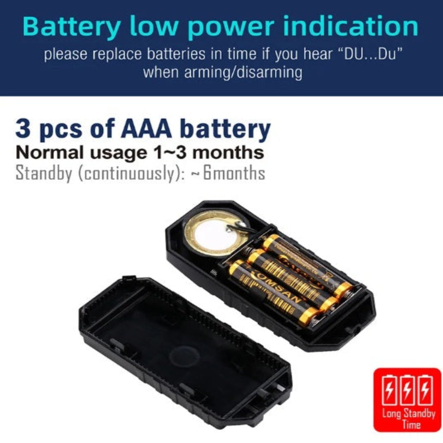 An image of the bike alarm with its back cover off, showing where to insert the 3 AAA batteries.