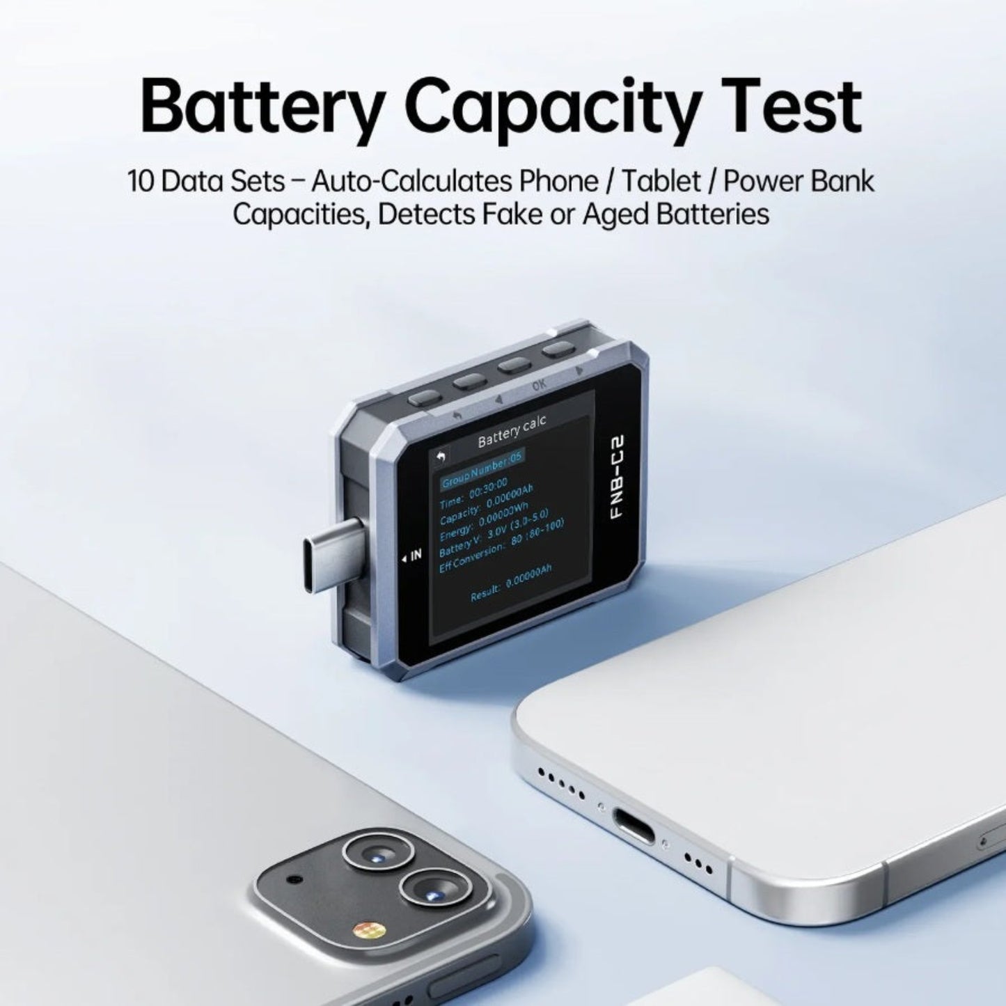 FNB-C2 running a battery capacity test to calculate smartphone and power bank health.