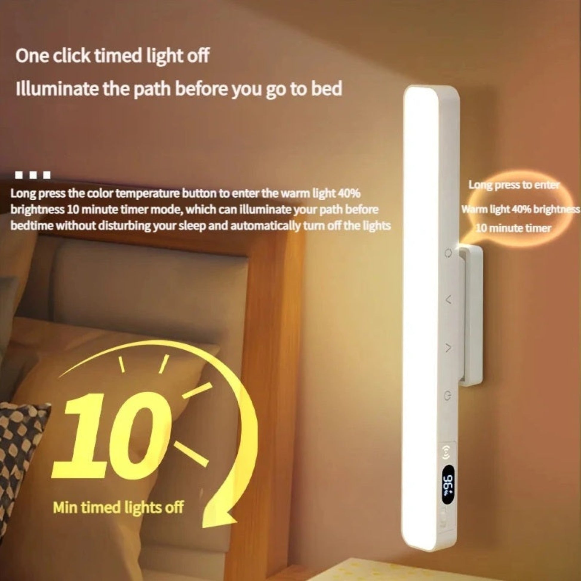 Long press for 10-minute warm light timer mode, perfect for a bedside night light.