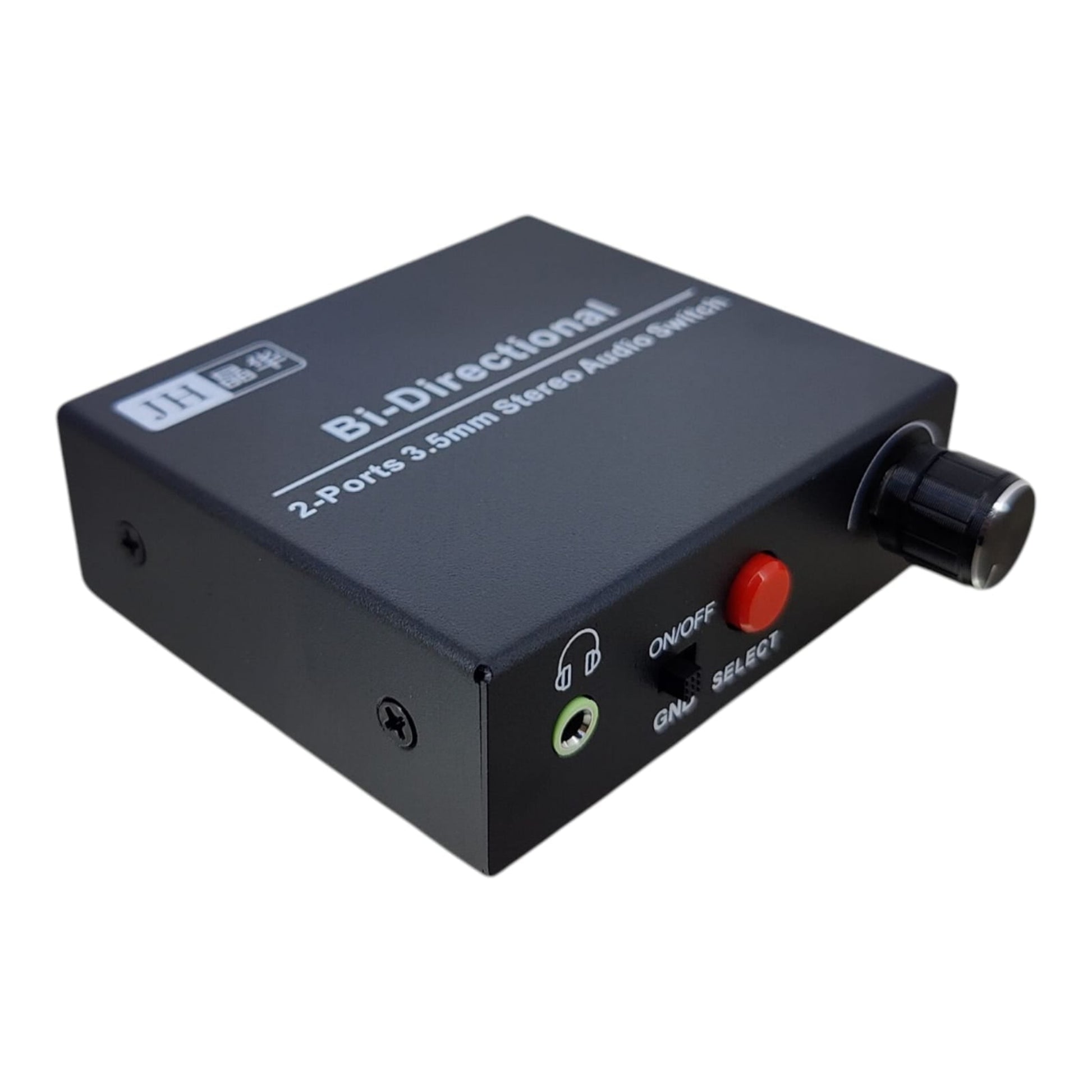 Black bi-directional audio switch with labeled ports on a white background