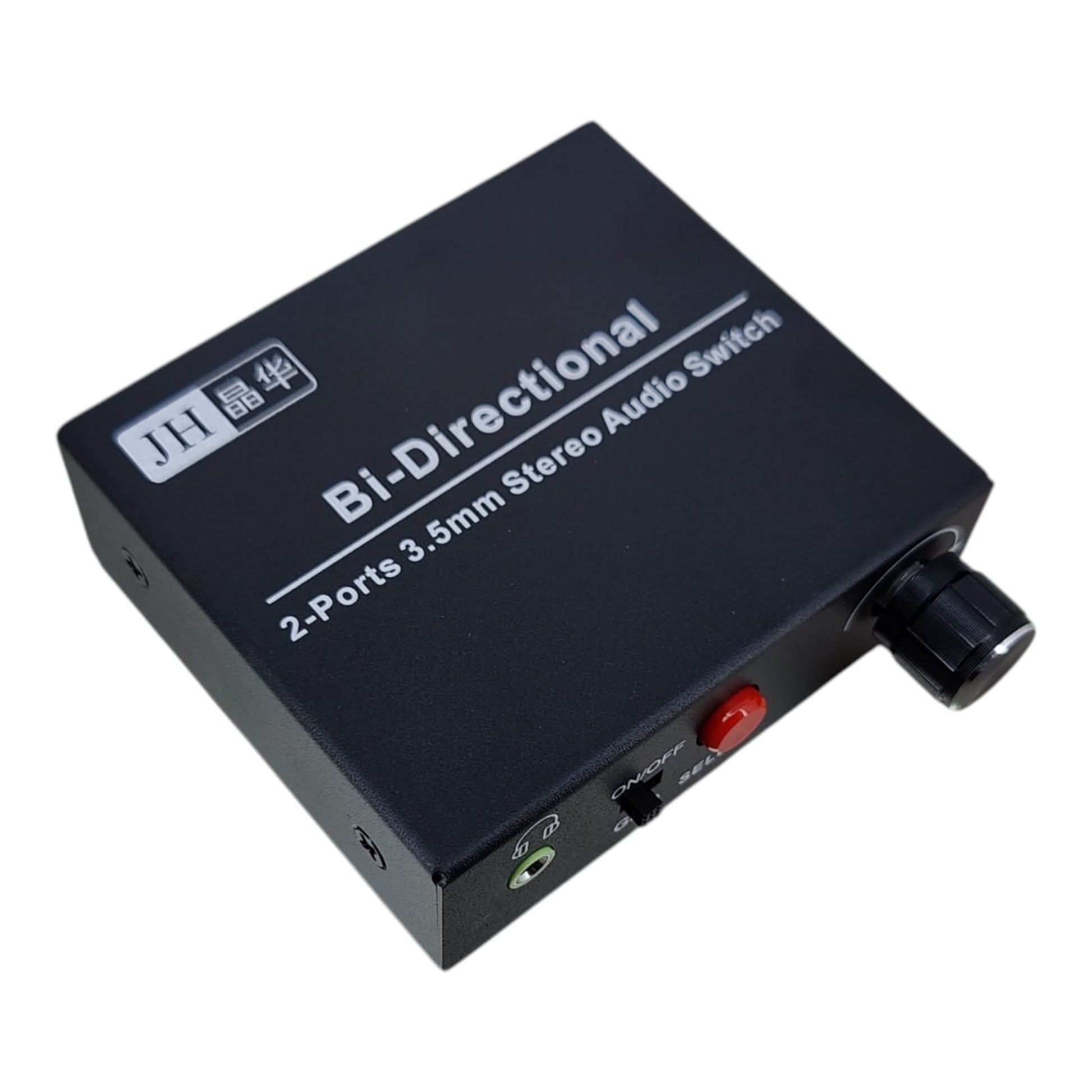 Bi-directional 3.5mm audio switcher box with large volume control knob and front headphone port.