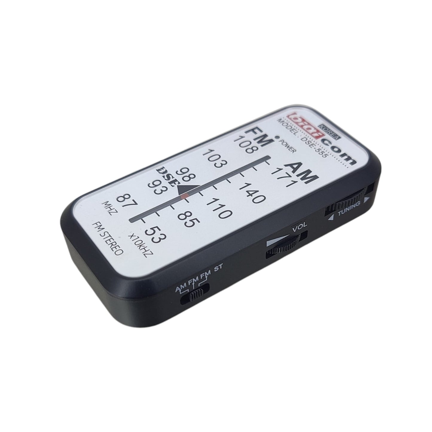 biaiCOM DSE-555 考試專用收音機的傳統調頻旋鈕與 FM AM 頻段顯示特寫。