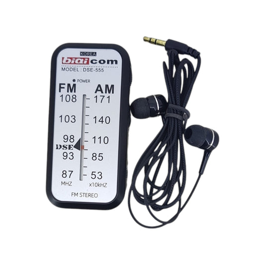 biaiCOM DSE-555 portable radio displayed with the included 3.5mm wired in-ear earphones.