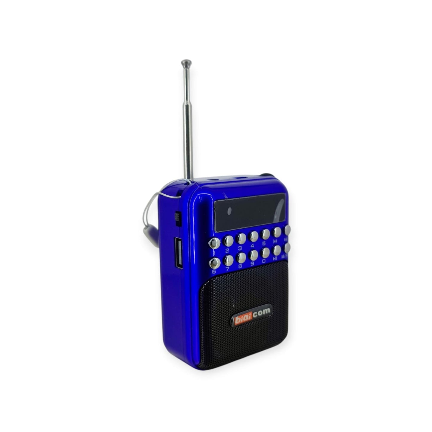 Front view of the blue biaiCOM HF-630 portable Bluetooth speaker with antenna extended.