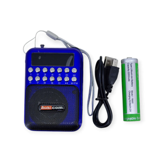 biaiCOM HF-630 portable FM radio speaker shown with 18650 battery and USB charging cable.