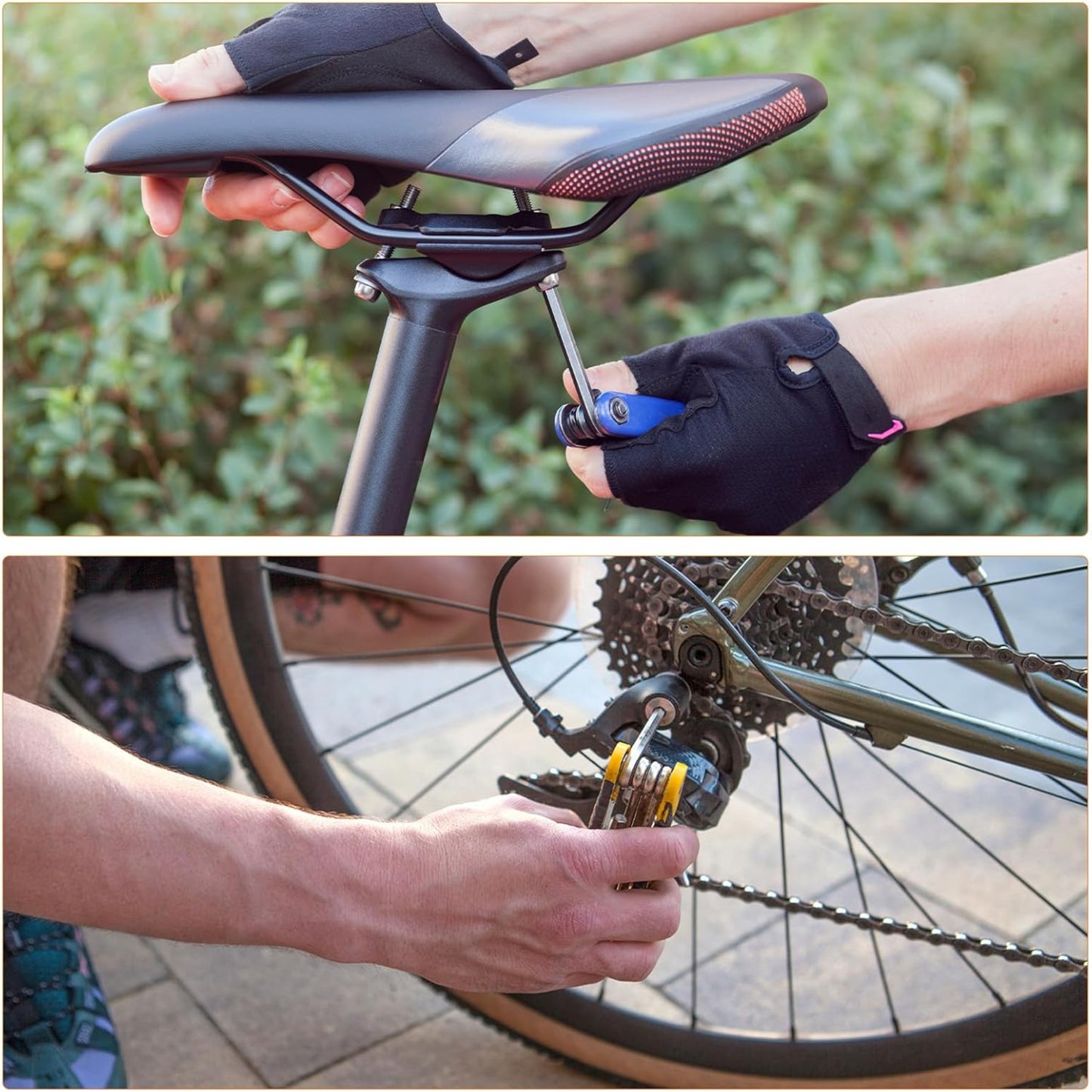 Person using a portable multi-function wrench spanner for bike repairs on a bicycle saddle and rear derailleur.