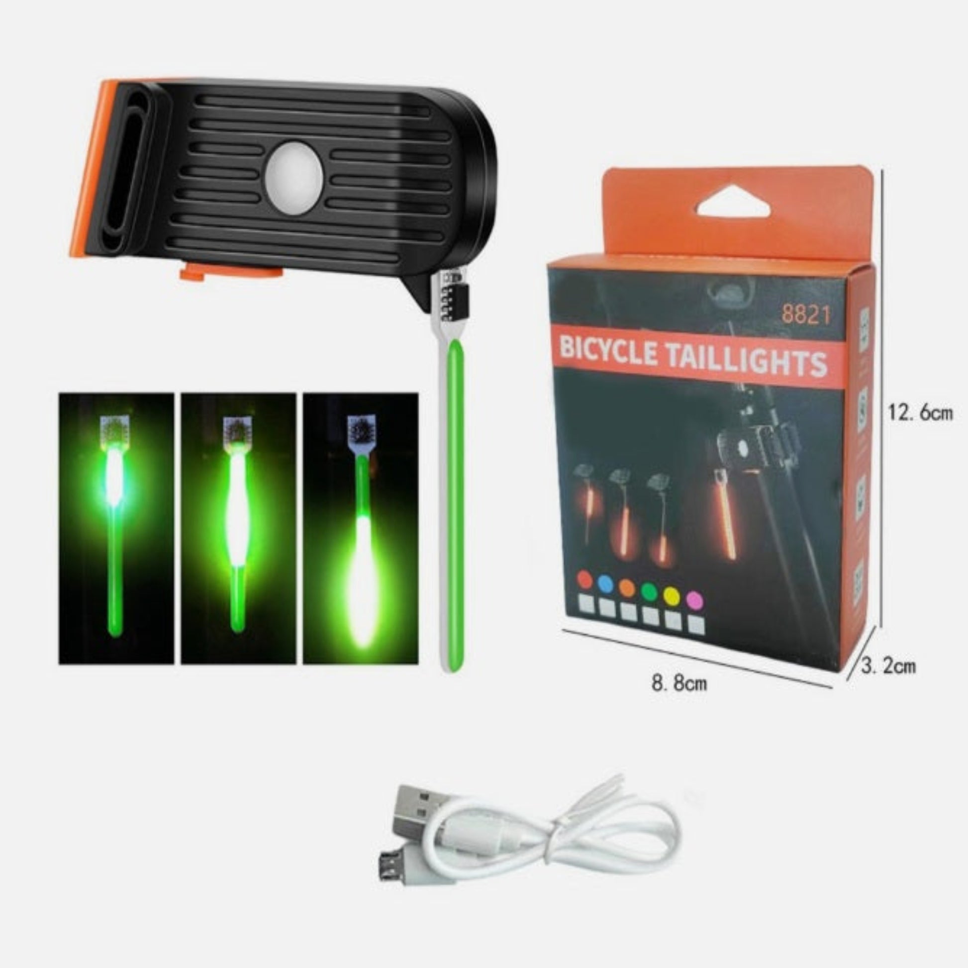 The bicycle tail light product, showing its green glow mode, packaging, and the included USB charging cable.