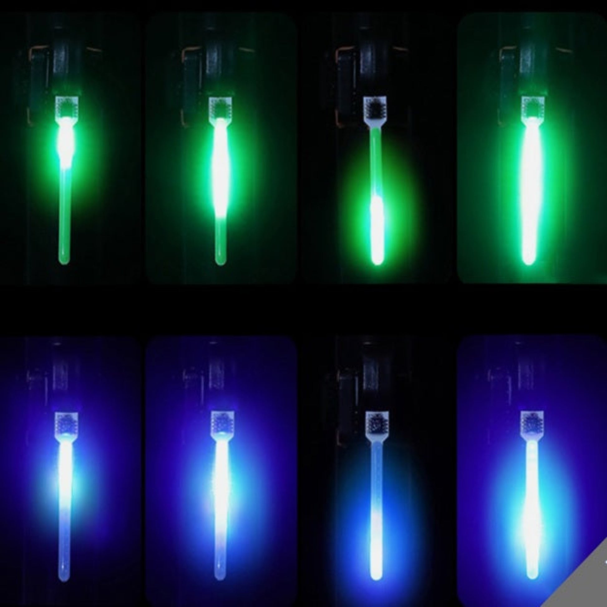 Green and blue light modes of the bicycle tail light, showing the bright, glowing effect from different angles.