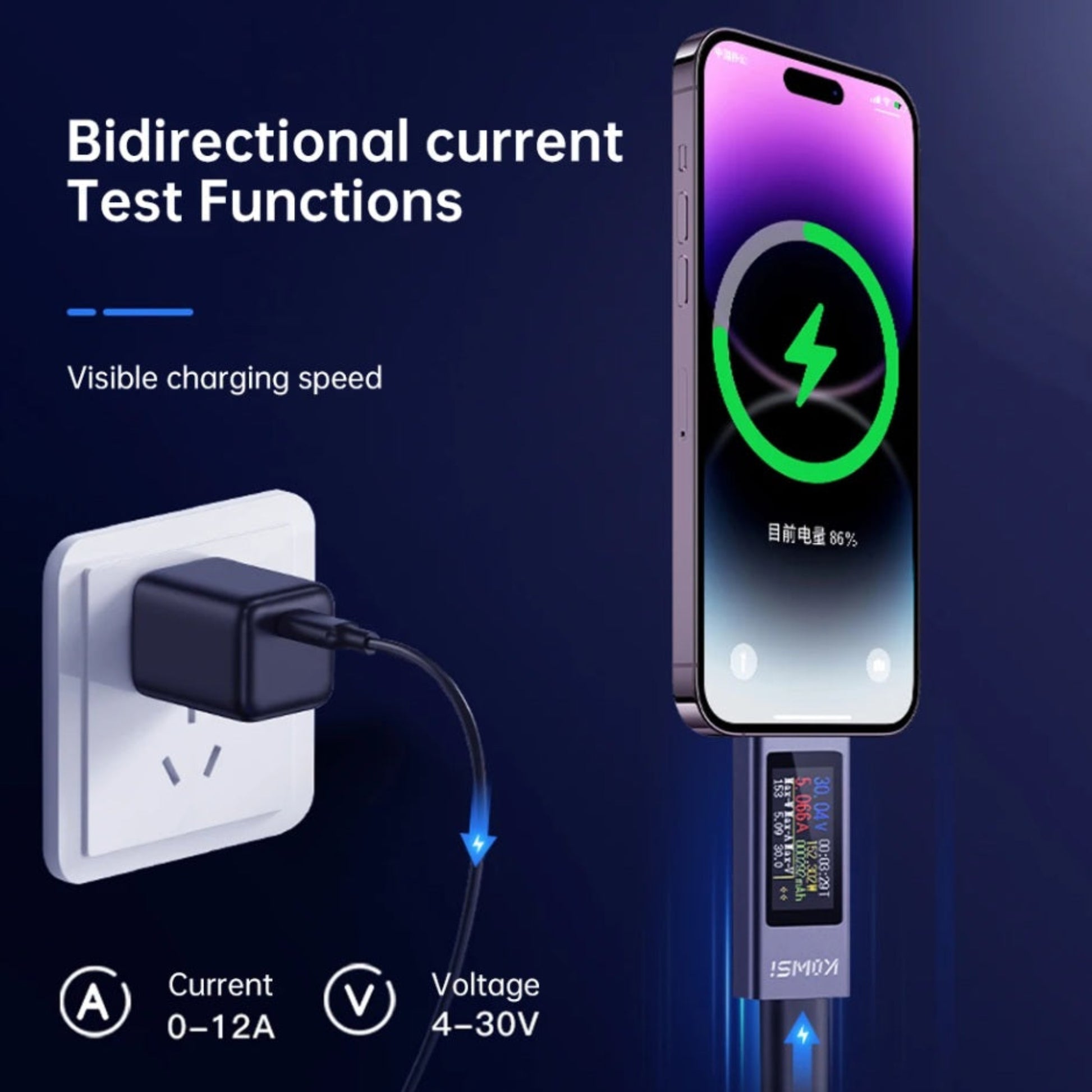 Bidirectional current test function showing visible charging speed between wall charger and smartphone.
