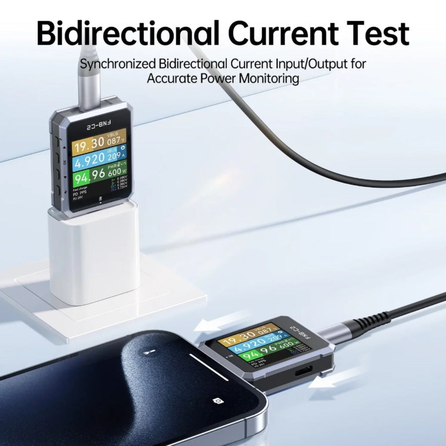 Synchronized bidirectional current testing between a charger, the FNB-C2, and a smartphone.