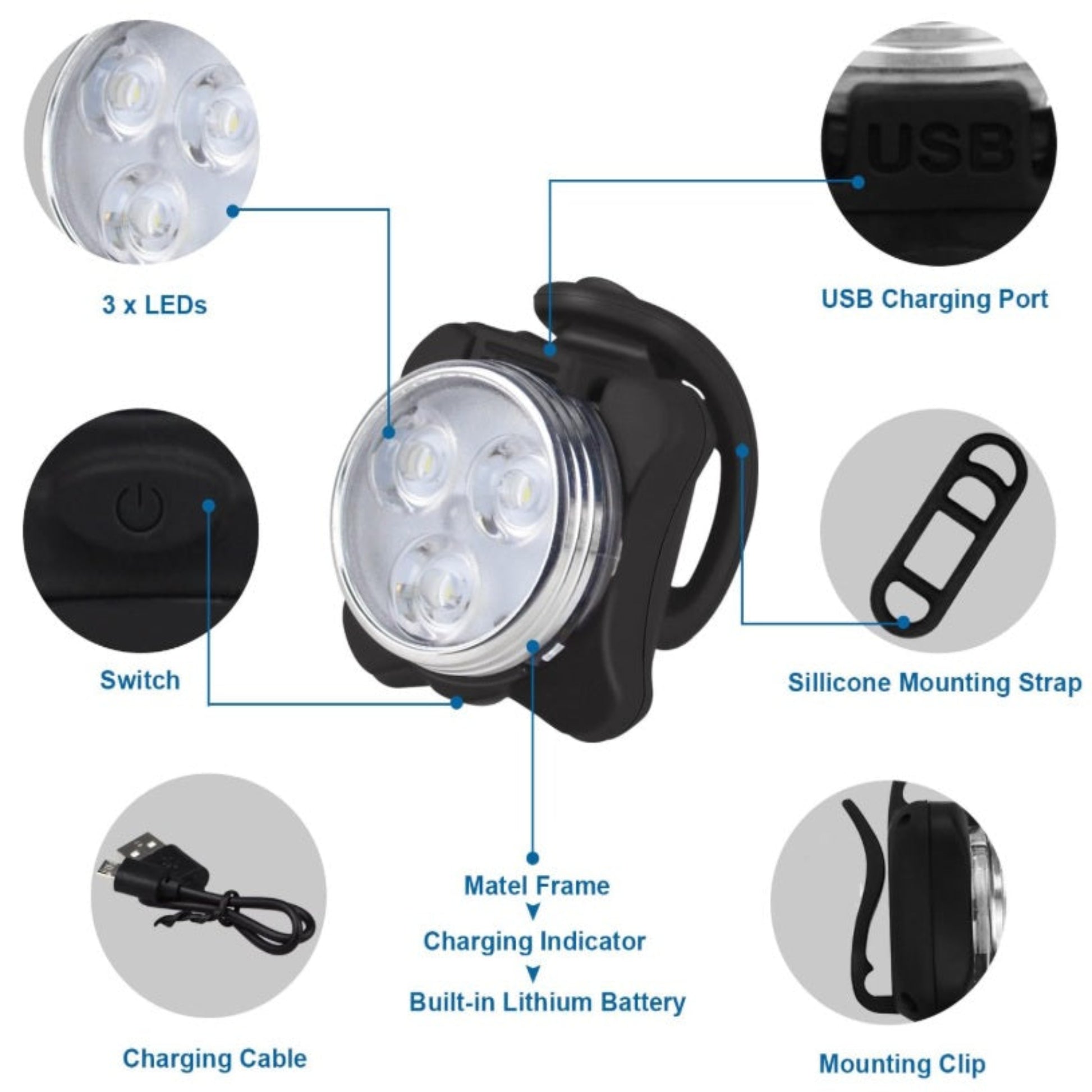 Diagram of bike light features: 3 LEDs, metal frame, USB port, and silicone mounting strap.