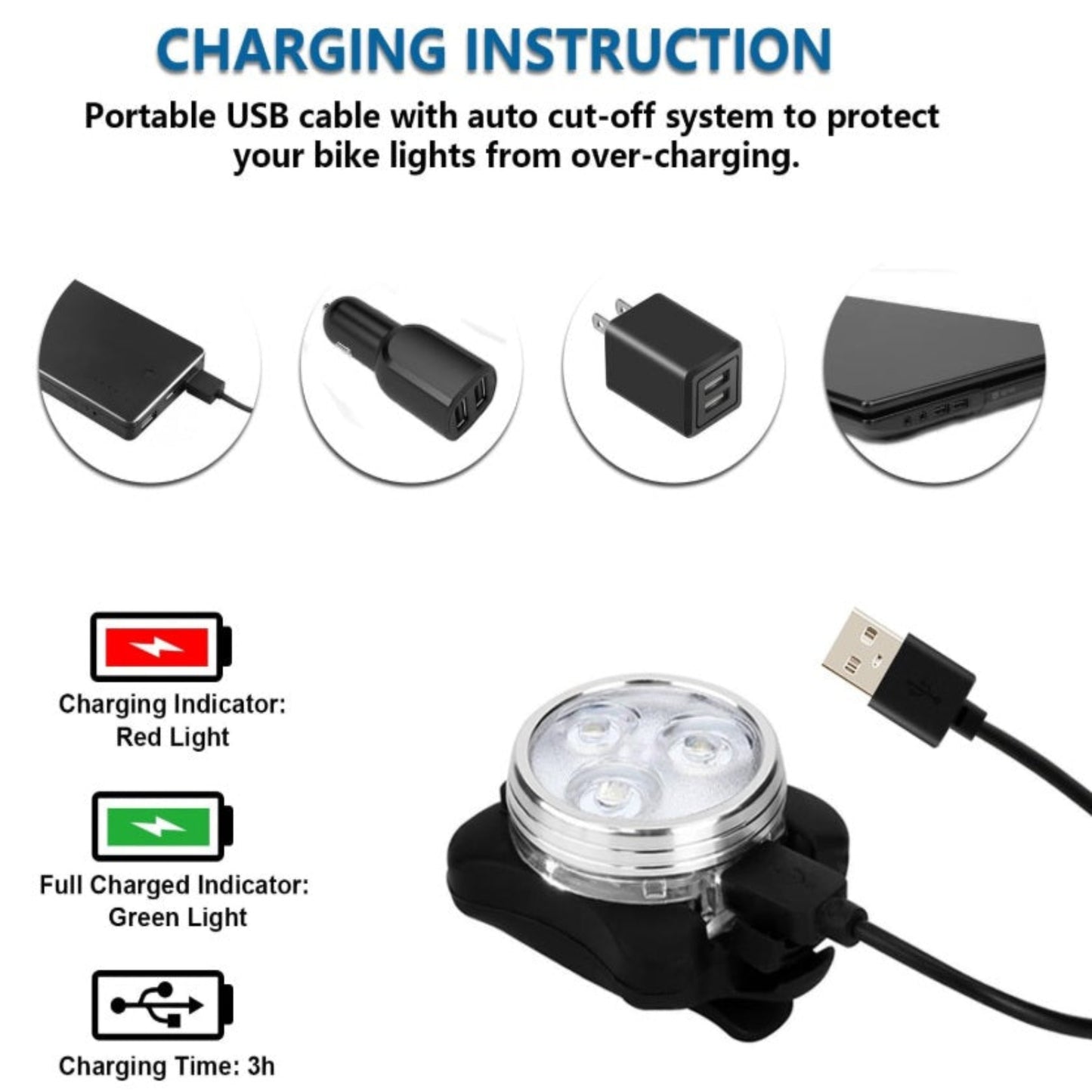 Charging instruction: red light for charging, green light for full charge with auto cut-off protection.