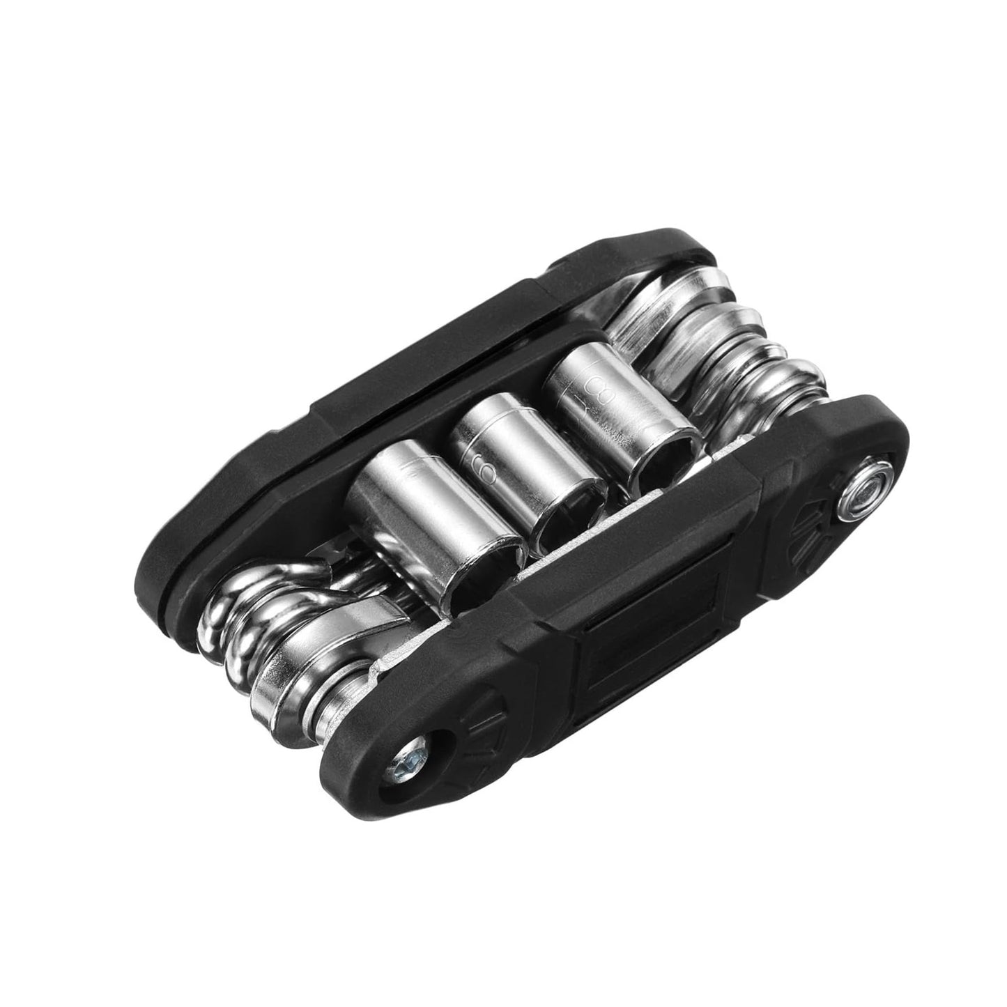 Portable multi-function bicycle repair tool with hex and socket wrenches for cycling maintenance.