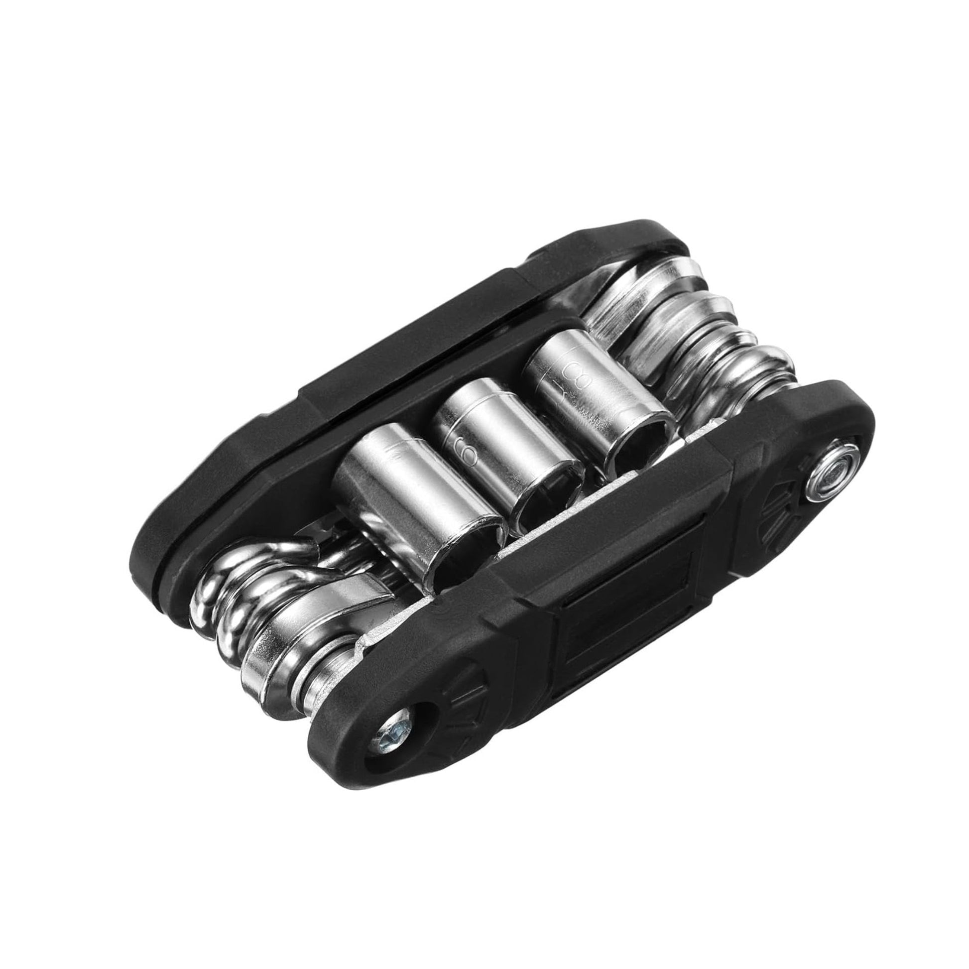 Portable multi-function bicycle repair tool with hex and socket wrenches for cycling maintenance.