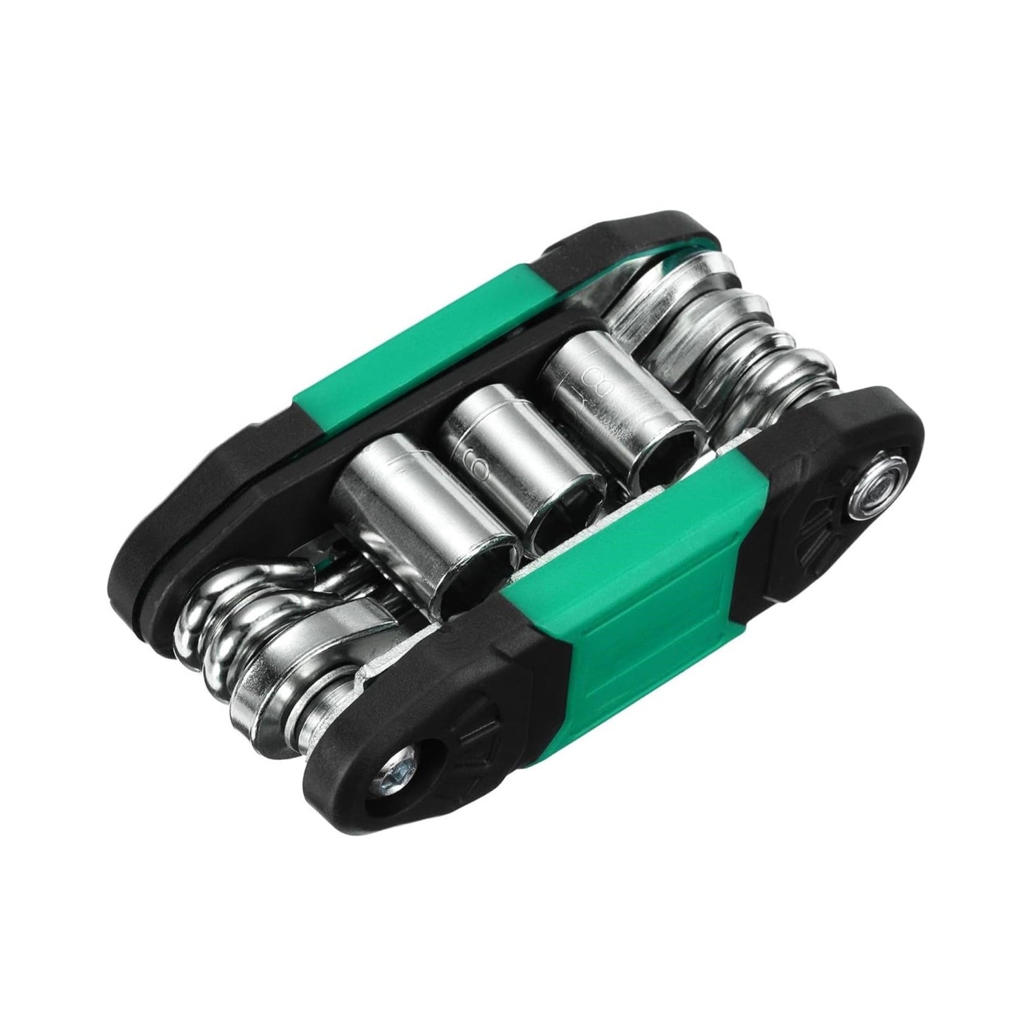 Portable multi-function bicycle repair tool with various wrenches and sockets for cycling maintenance.