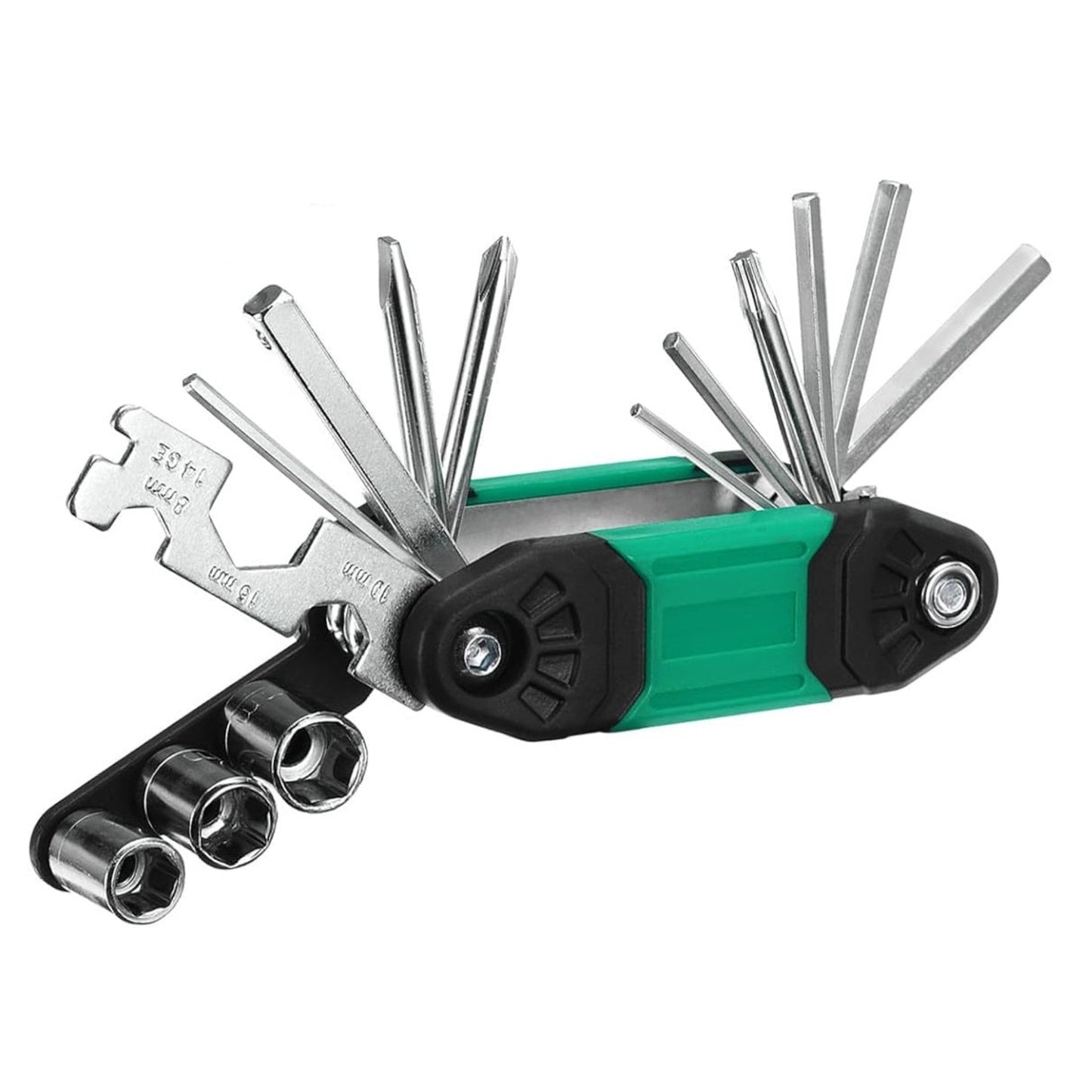 Portable multi-function bike repair tool with hex keys and socket wrenches, ideal for cycling maintenance.