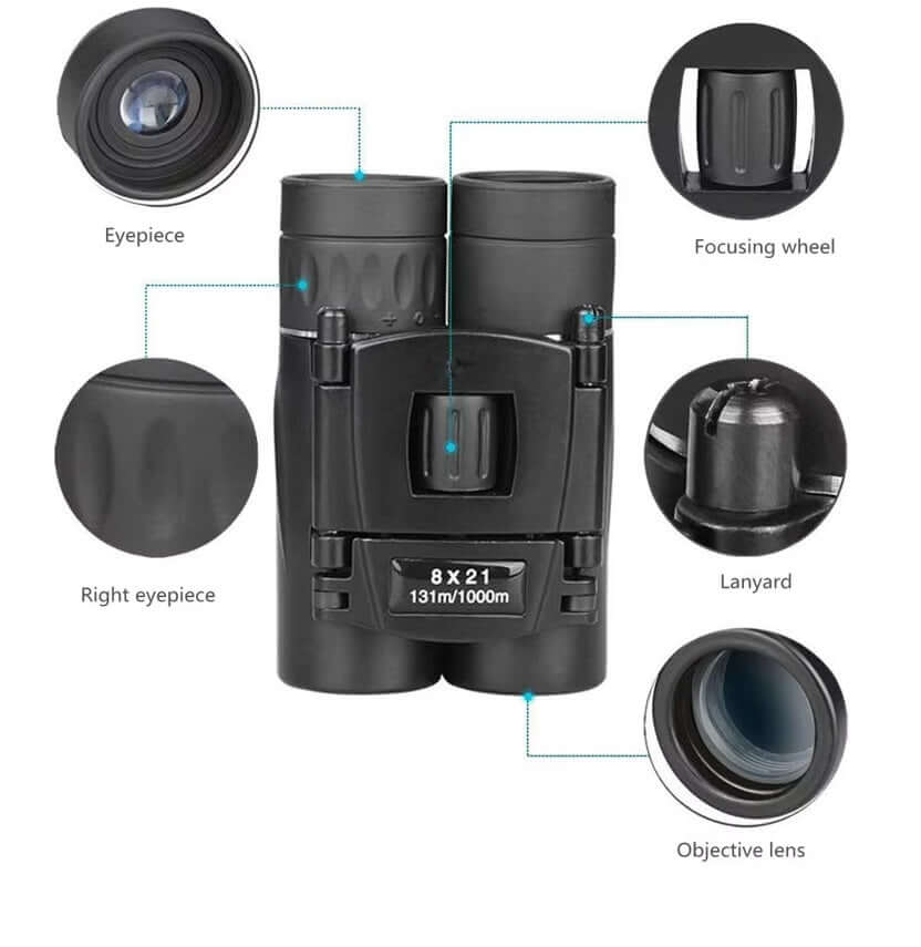 Diagram of Compact 8x21 Mini Binoculars highlighting eyepiece, focusing wheel, and objective lens features.