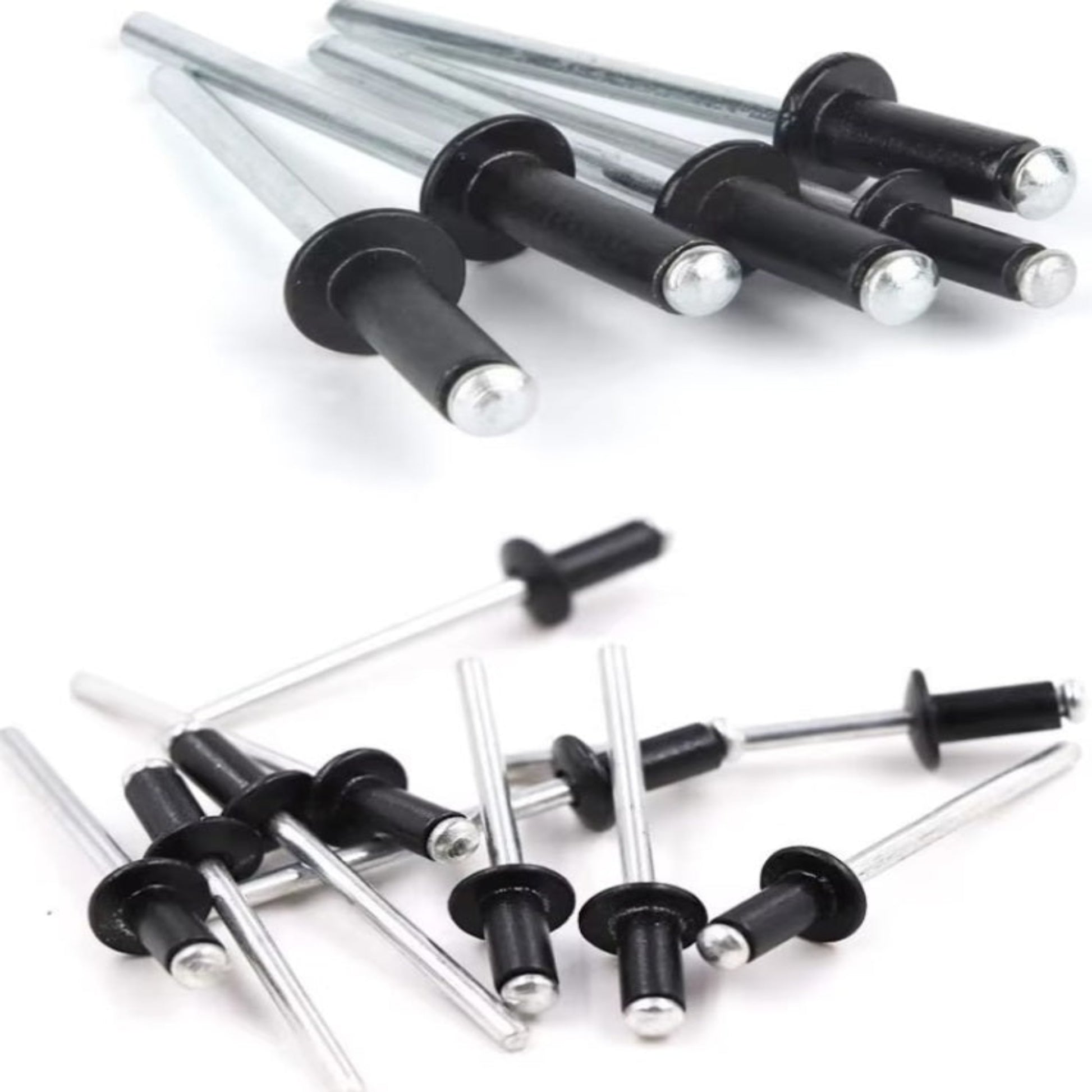 180pcs black plated aluminum blind rivets in various sizes for automotive and furniture assembly.