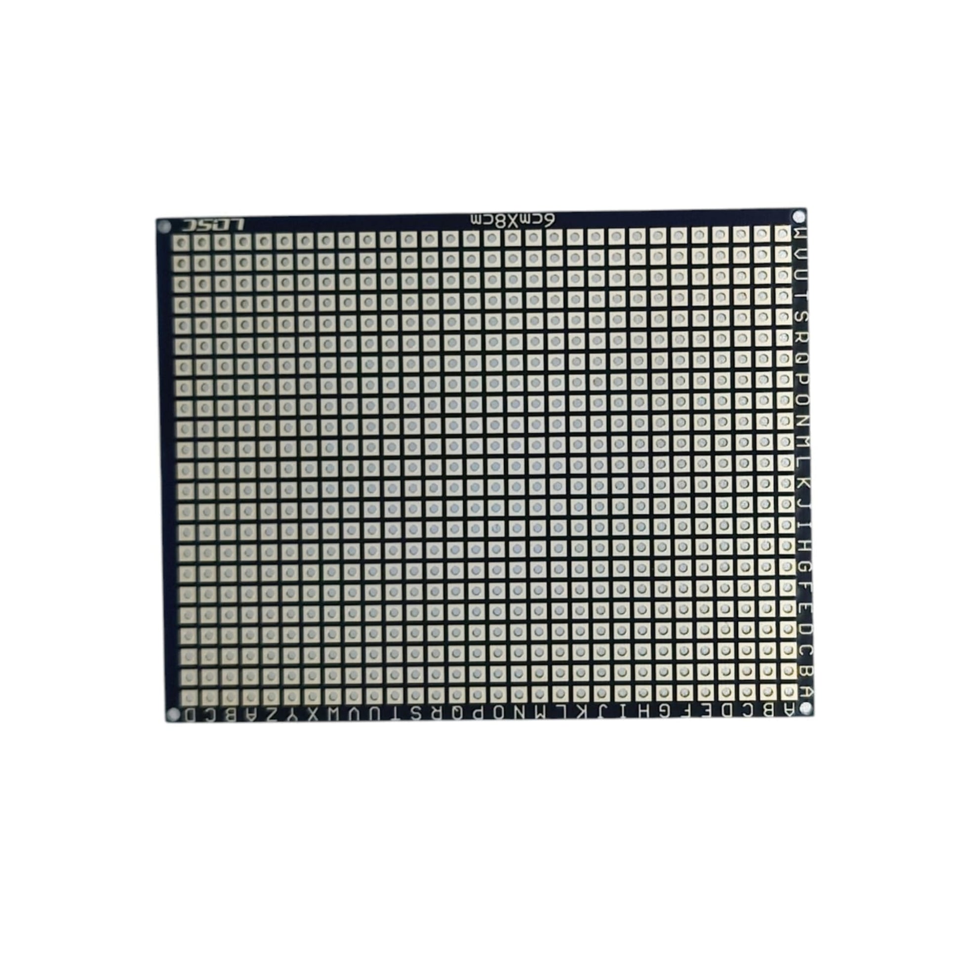 Close up of the 6x8cm flexible perfboard showing alpha-numeric grid labels for easy component placement.