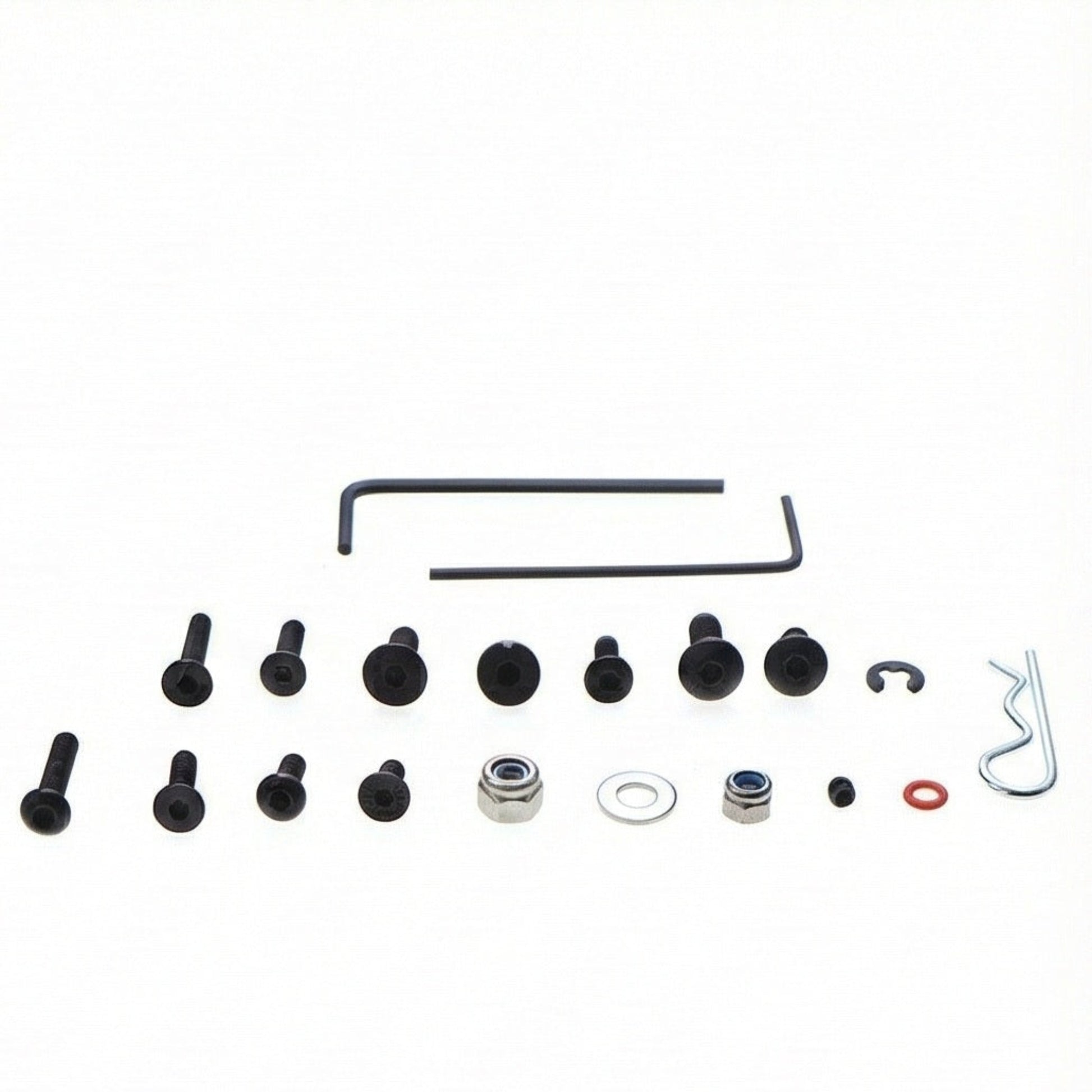 Layout of M3 and M4 round and flat head screws, hex keys, lock nuts, and r-clips included in the set.