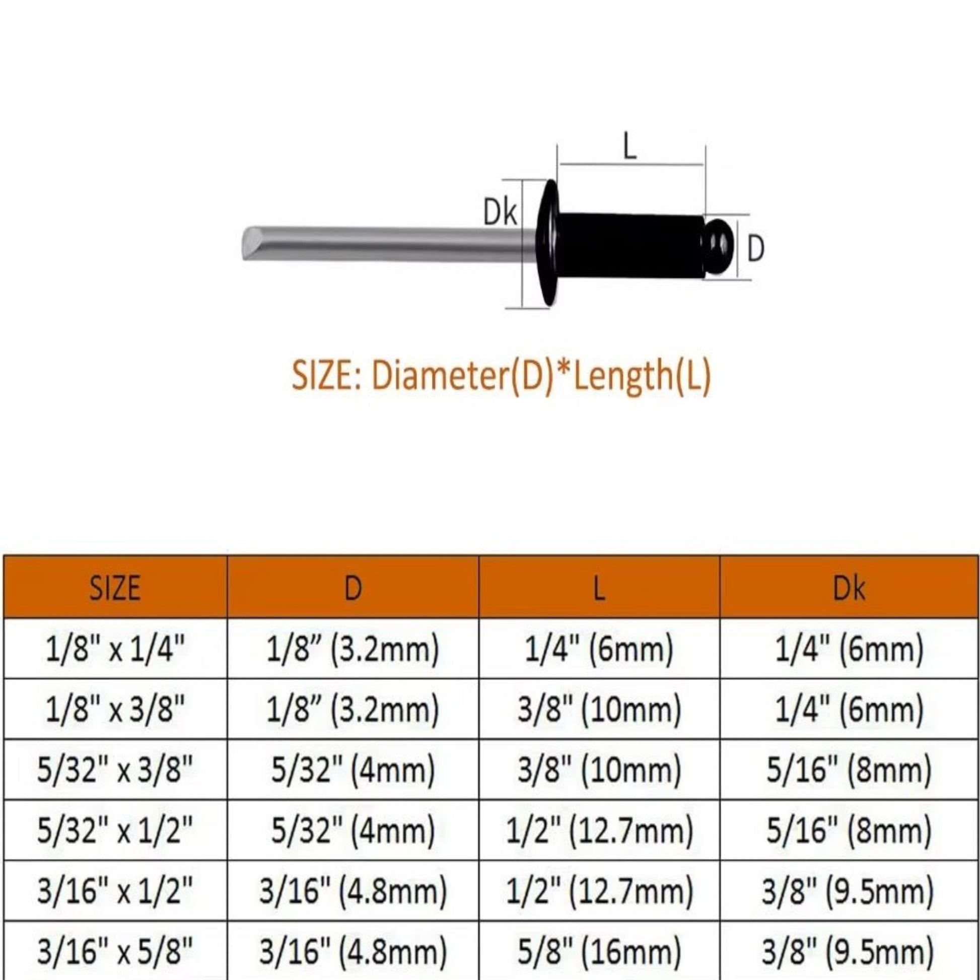 Diagram of blind rivet sizes indicating diameter and length for 180pcs aluminum rivets kit.