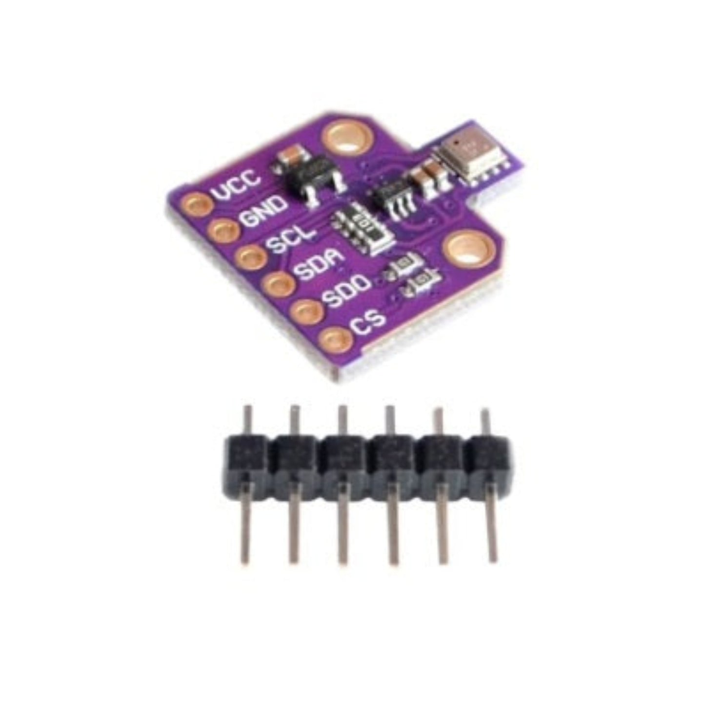 BME680 breakout board displayed with the included unsoldered 6-pin male header.