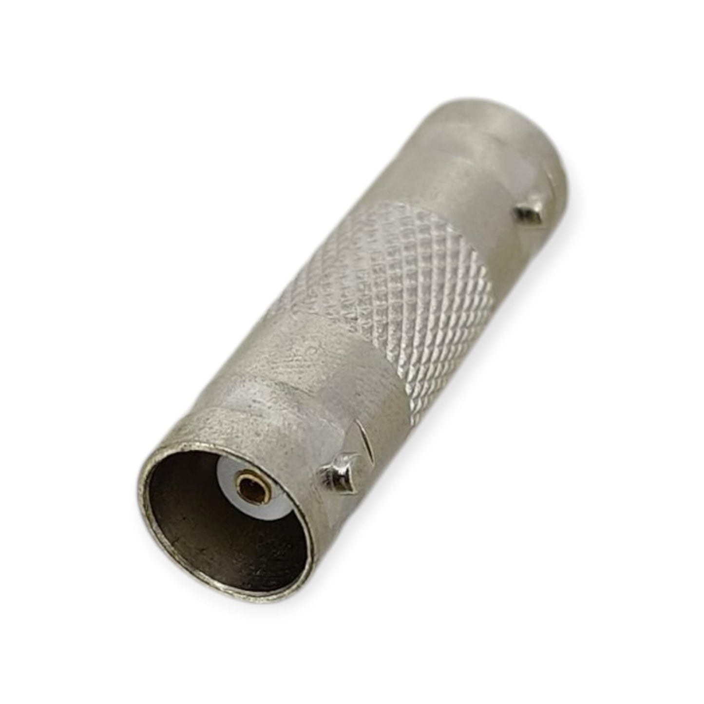 BNC female to female coupler, also known as a barrel connector, for joining two male BNC cables together.