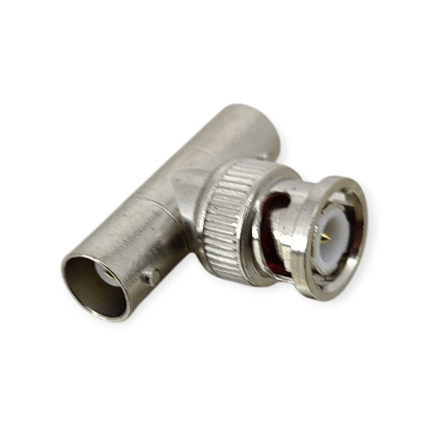 BNC male to 2 female T-adapter, a splitter for coaxial cables in video surveillance and professional broadcasting.