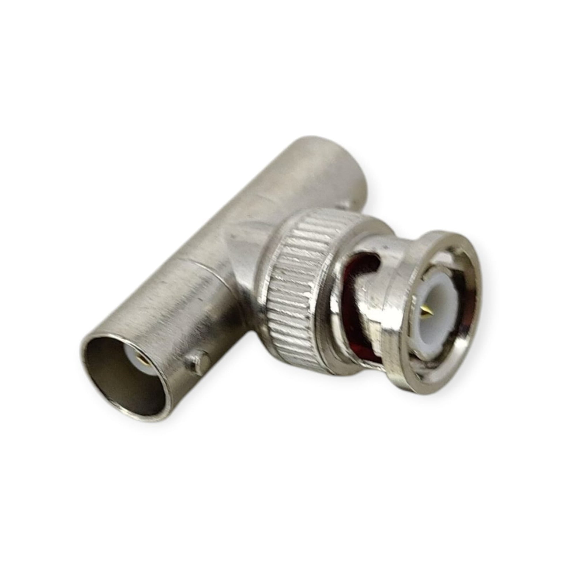 BNC male to 2 female T-adapter, a splitter for coaxial cables in video surveillance and professional broadcasting.