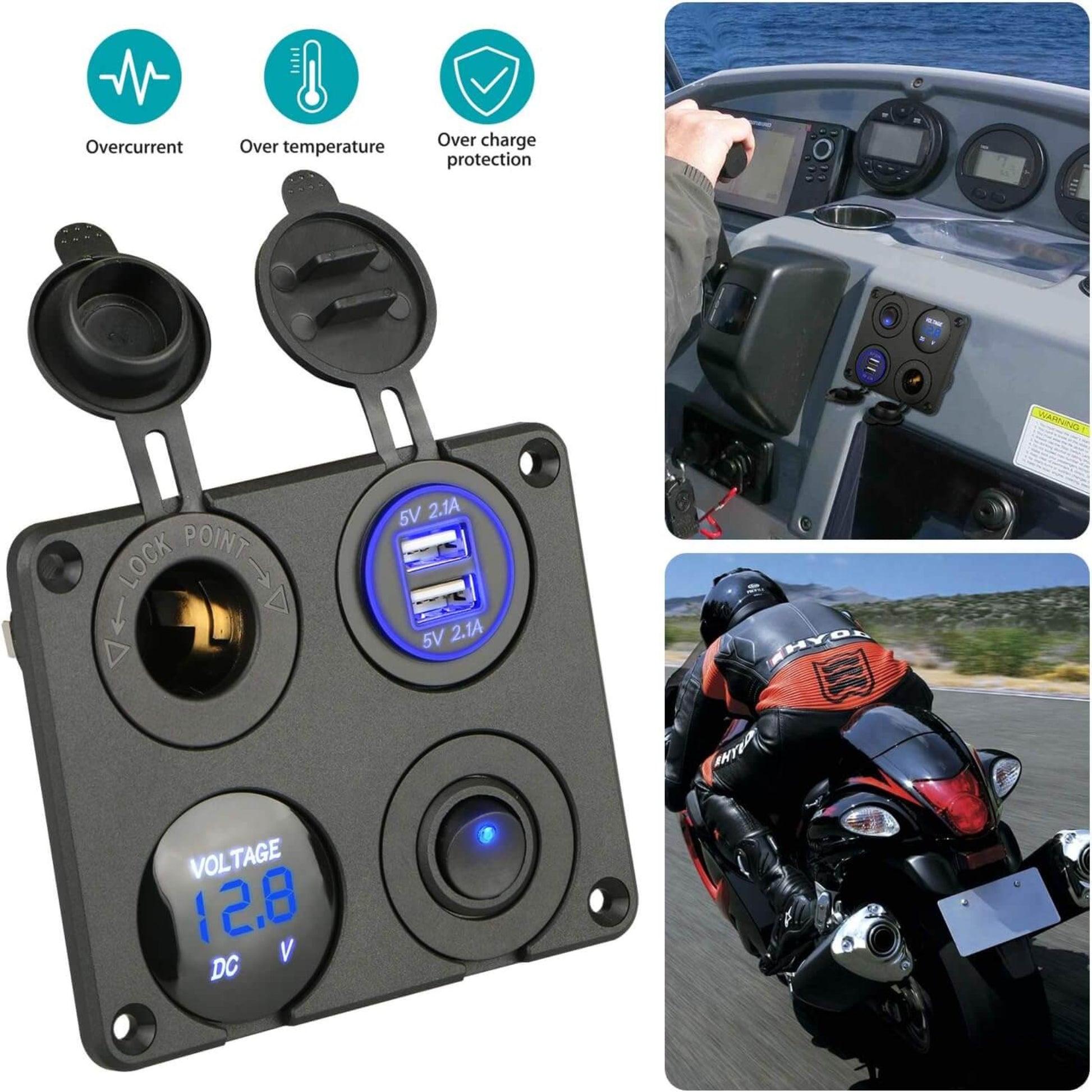 Lifestyle image showing the 4-in-1 power panel installed on a boat dashboard and a motorcycle.