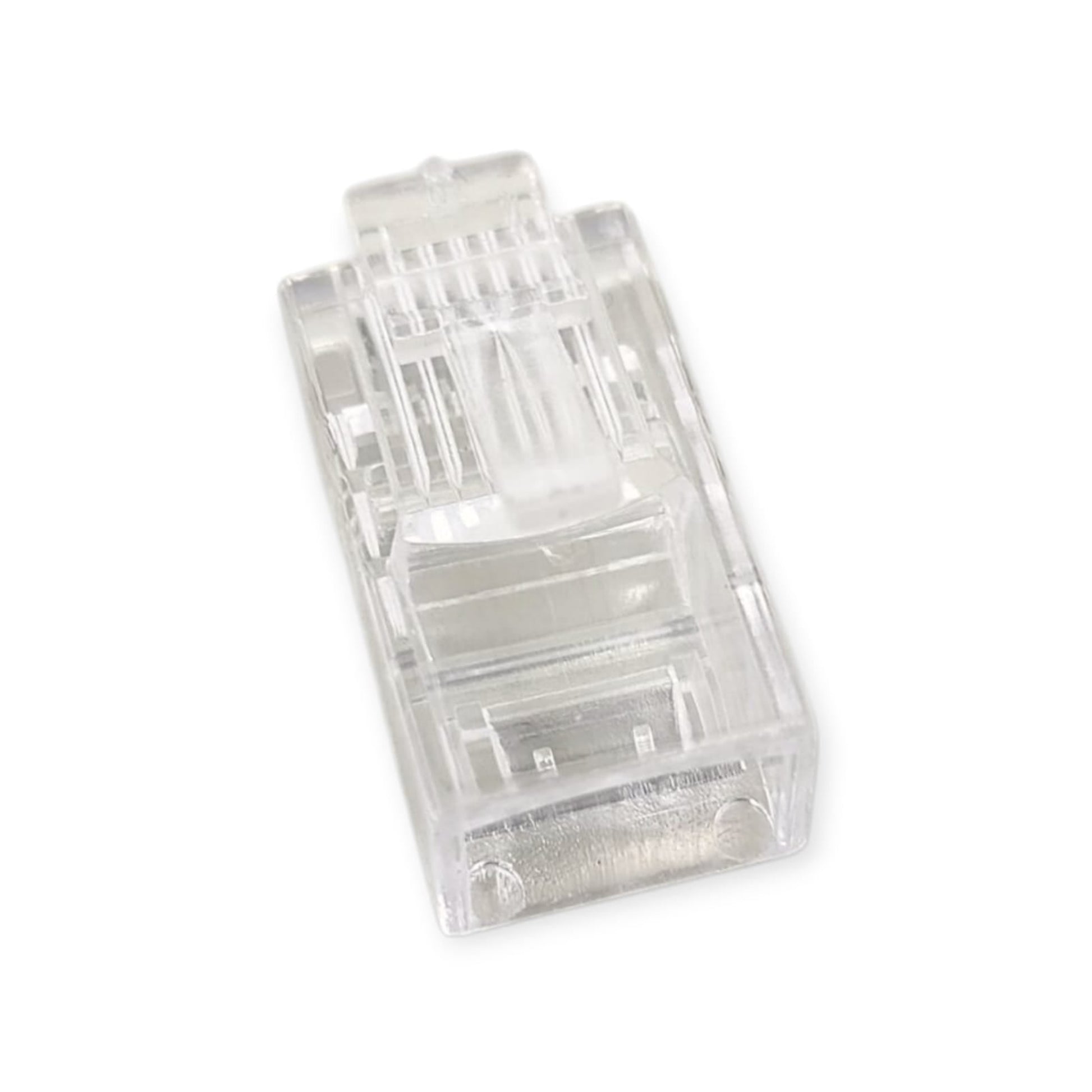 Clear view of the front of an RJ45 pass-through connector, showing the eight open-ended holes for wires to pass through.