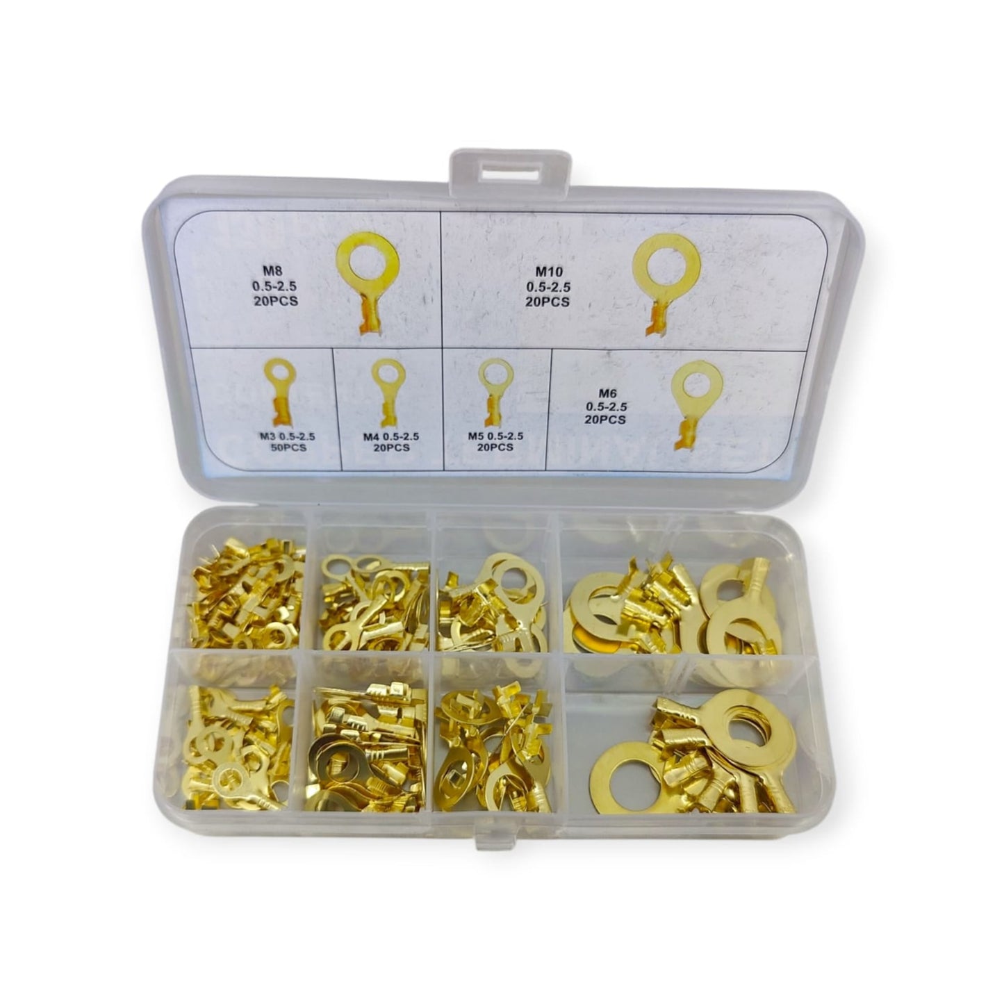 Set of gold-colored wire terminals in a clear plastic box with labels on a white background