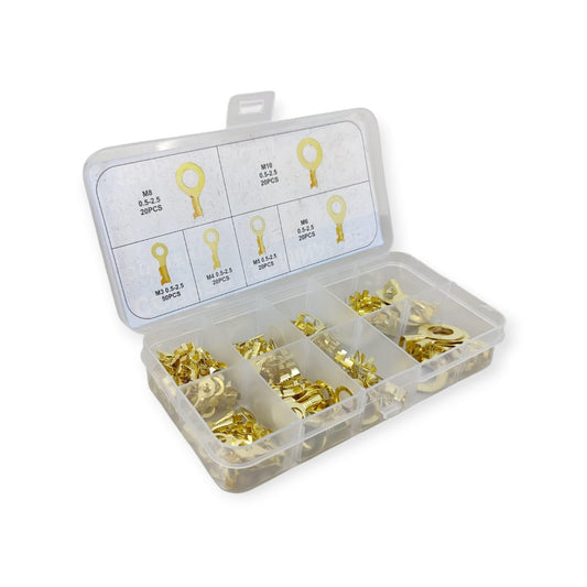 150-piece brass ring terminal crimp connector kit (M3-M10) open in a plastic organizer box with a size guide.