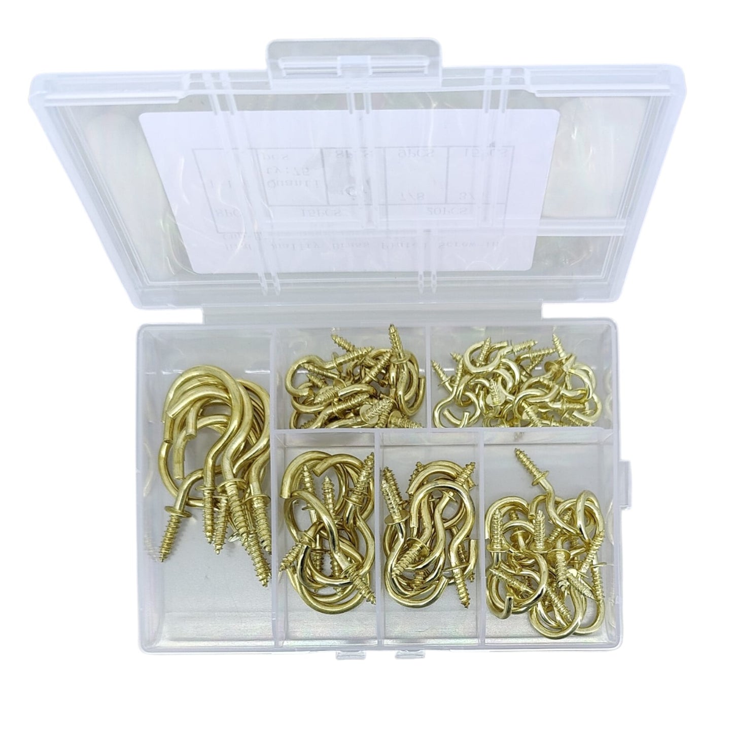 Top down view of open organizer box showing 6 different sizes of brass plated screw-in cup hooks.