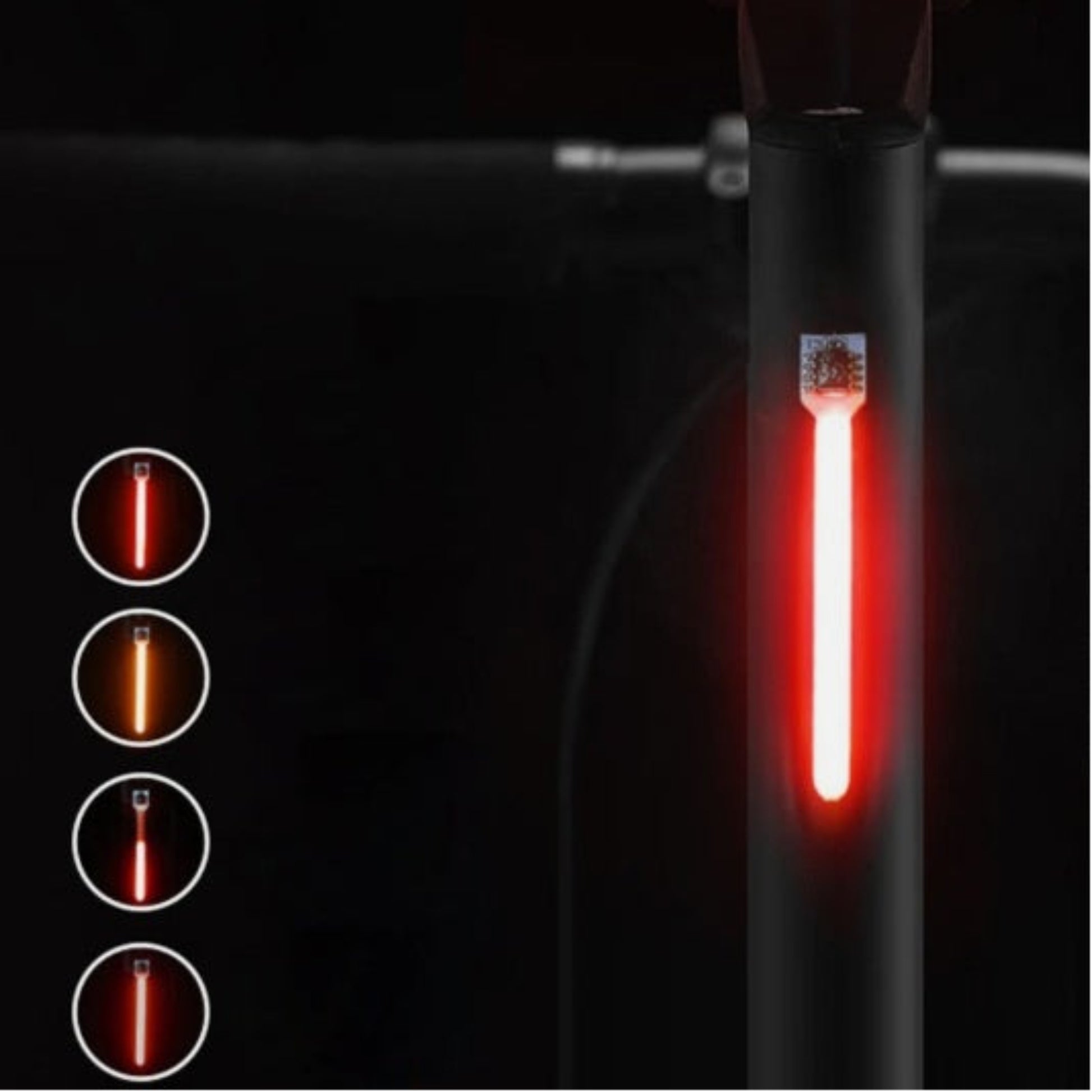 Close-up of a bright red bicycle tail light, emphasizing its high-visibility design for night riding and safety.