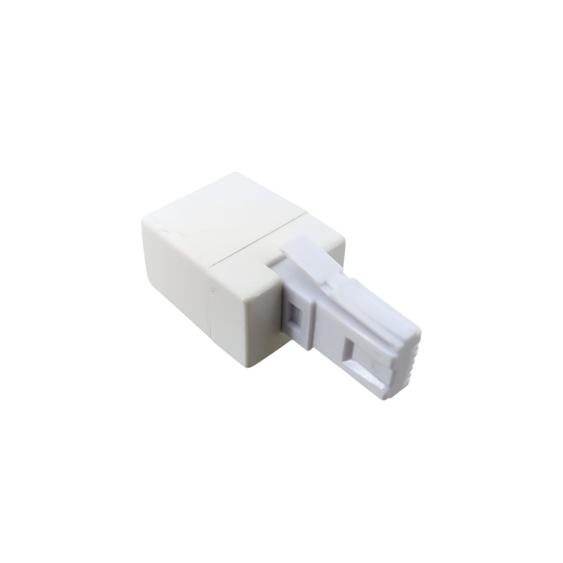 Rear view of BT 431A male to RJ11 female converter showing the secure locking latch for HK wall outlets.