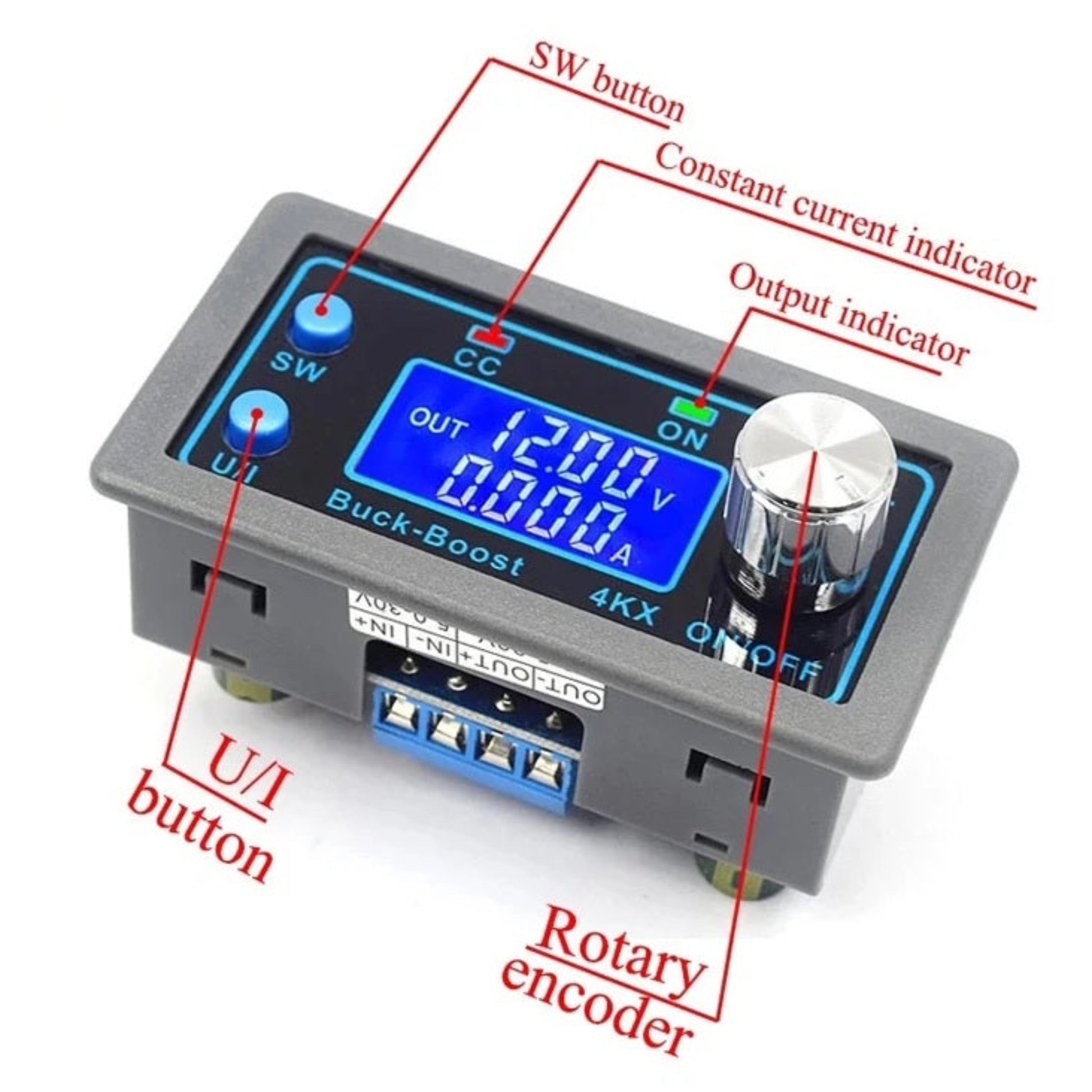 ZK-4KX converter interface showing SW button, UI button, rotary encoder, and status indicators.