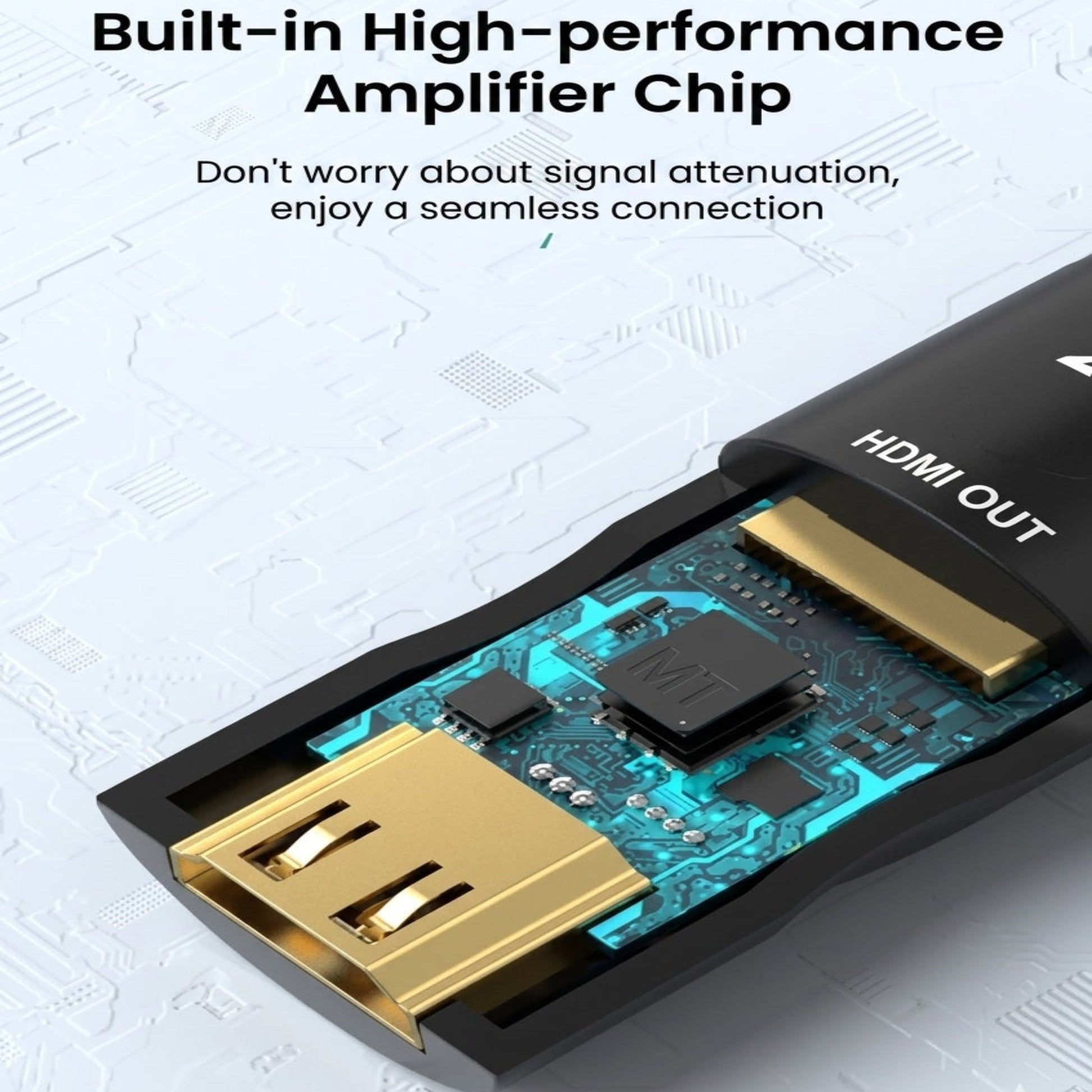 Internal circuit board view of the MT-HE40 HDMI booster showing the built-in MT high-performance amplifier chip.