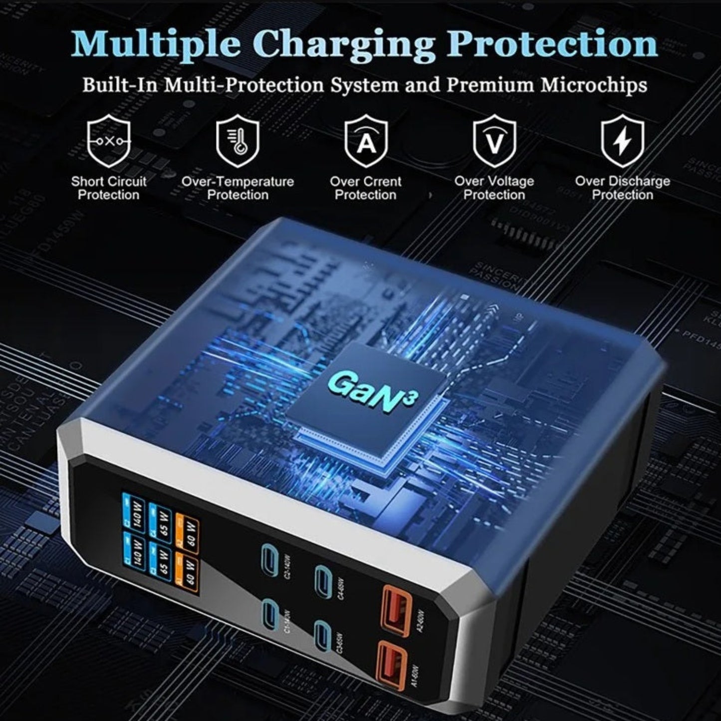 Multi-protection safety system covering short circuit, over-voltage, and over-temperature defense.