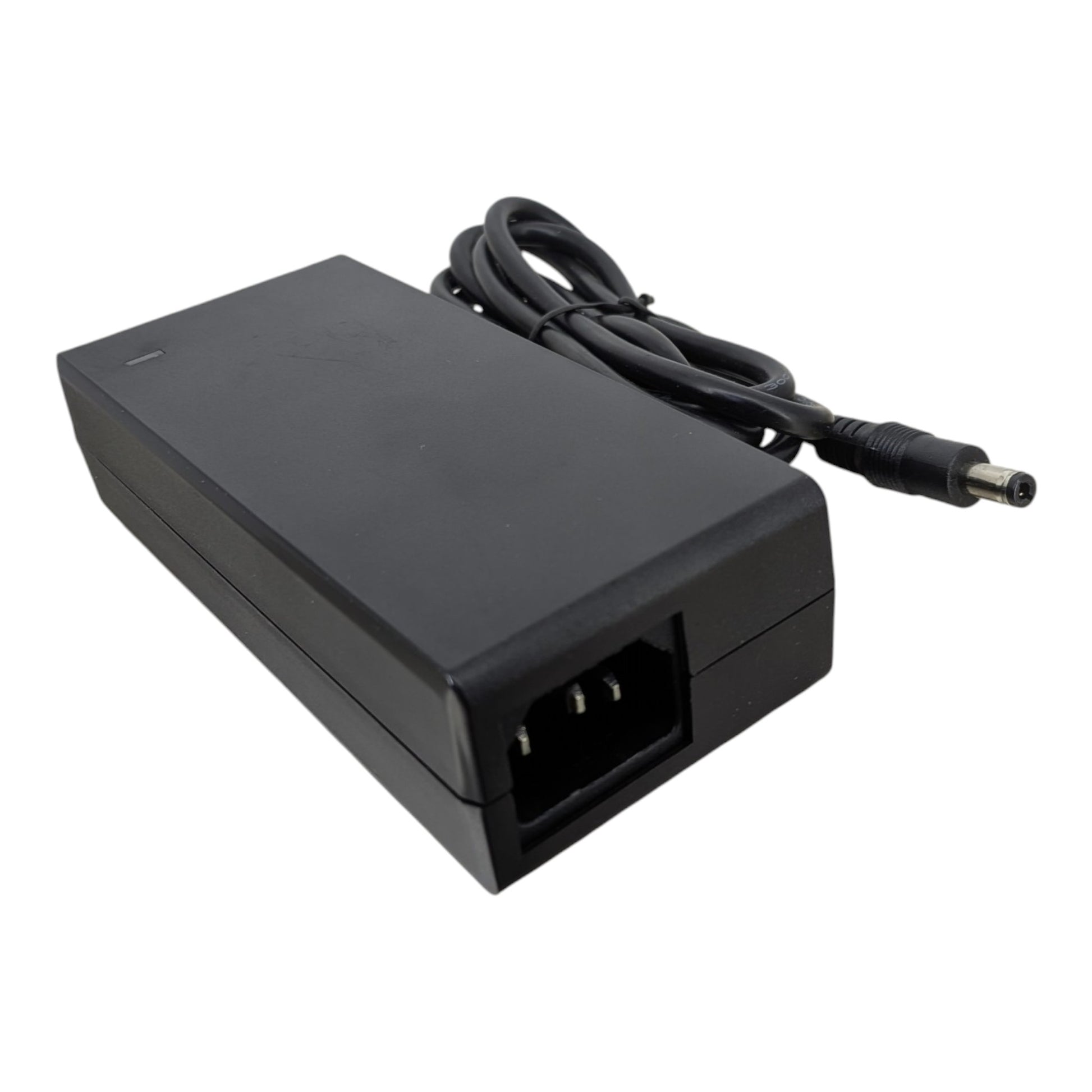 Rear profile of the 12V 5A power brick highlighting the standard C14 AC inlet, which requires a C13 computer power cord.