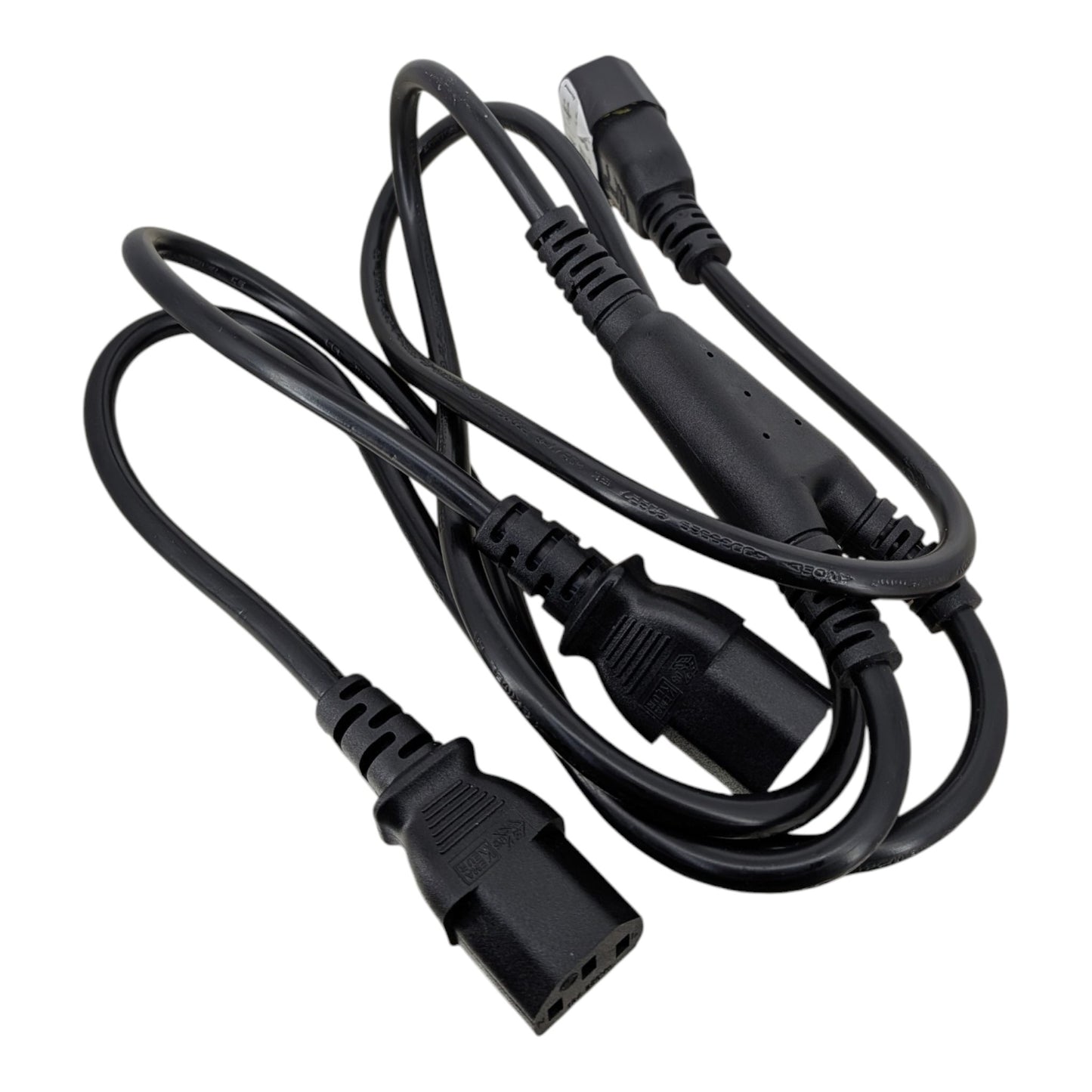 The reinforced Y-junction of the power splitter cable, splitting one C14 input into two C13 outputs for clean cable management.