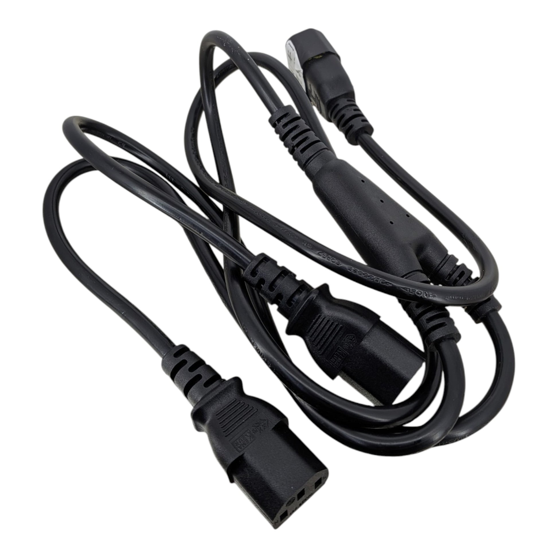 The reinforced Y-junction of the power splitter cable, splitting one C14 input into two C13 outputs for clean cable management.